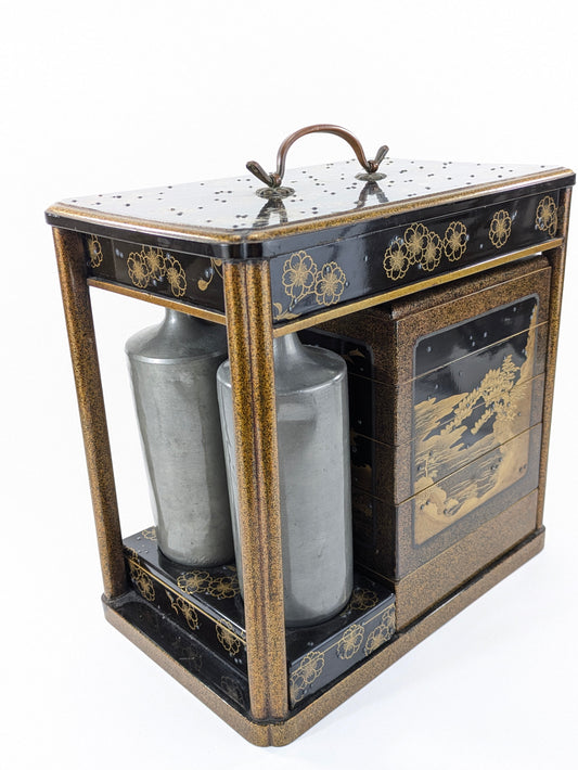 Antique Japanese Very Rare Edo Period 17/18 Century Lacquered Picnic Sake Set (Kazaribako) Hanami (Cherry Blossom Viewing) Caddy w Gold Maki-E & Silver “Dew” Studs LS#140