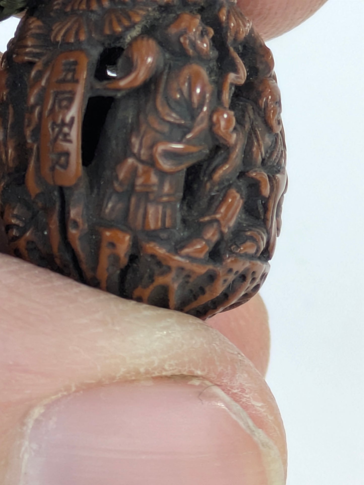 Antique Japanese Hand Carved Wooden Ojime Bead w/ Tiny Mountain Monks Motif .75"