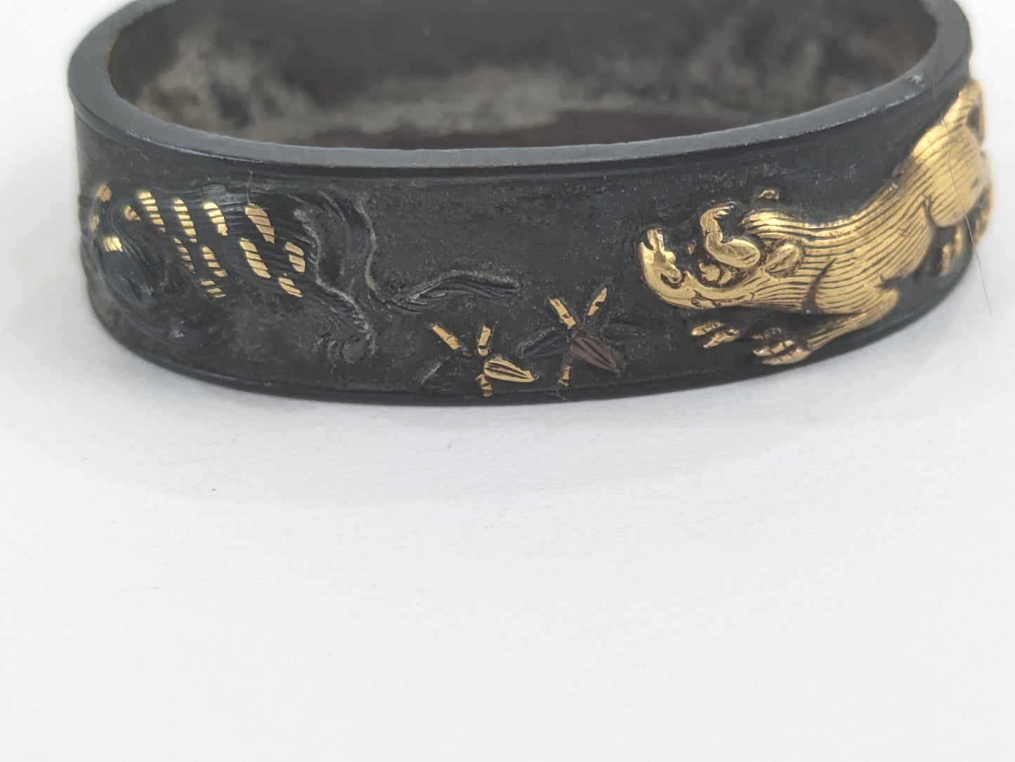 Antique Japanese Edo-Period Sword Katana Fuchi & Kashira Samurai in Gold on Shakudō,