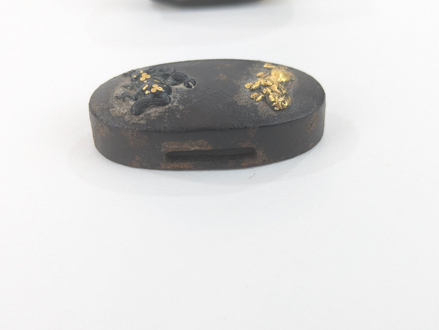 Antique Japanese Edo-Period Sword Katana Fuchi & Kashira Samurai in Gold on Shakudō,