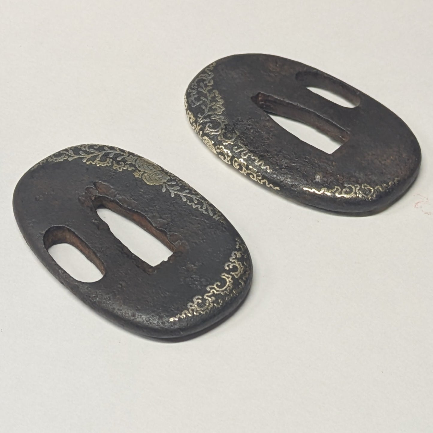 Antique Japanese Pair of Matched Iron Tsuba with Silver Wisteria Inlay, Edo Period, c. 1800–1868
