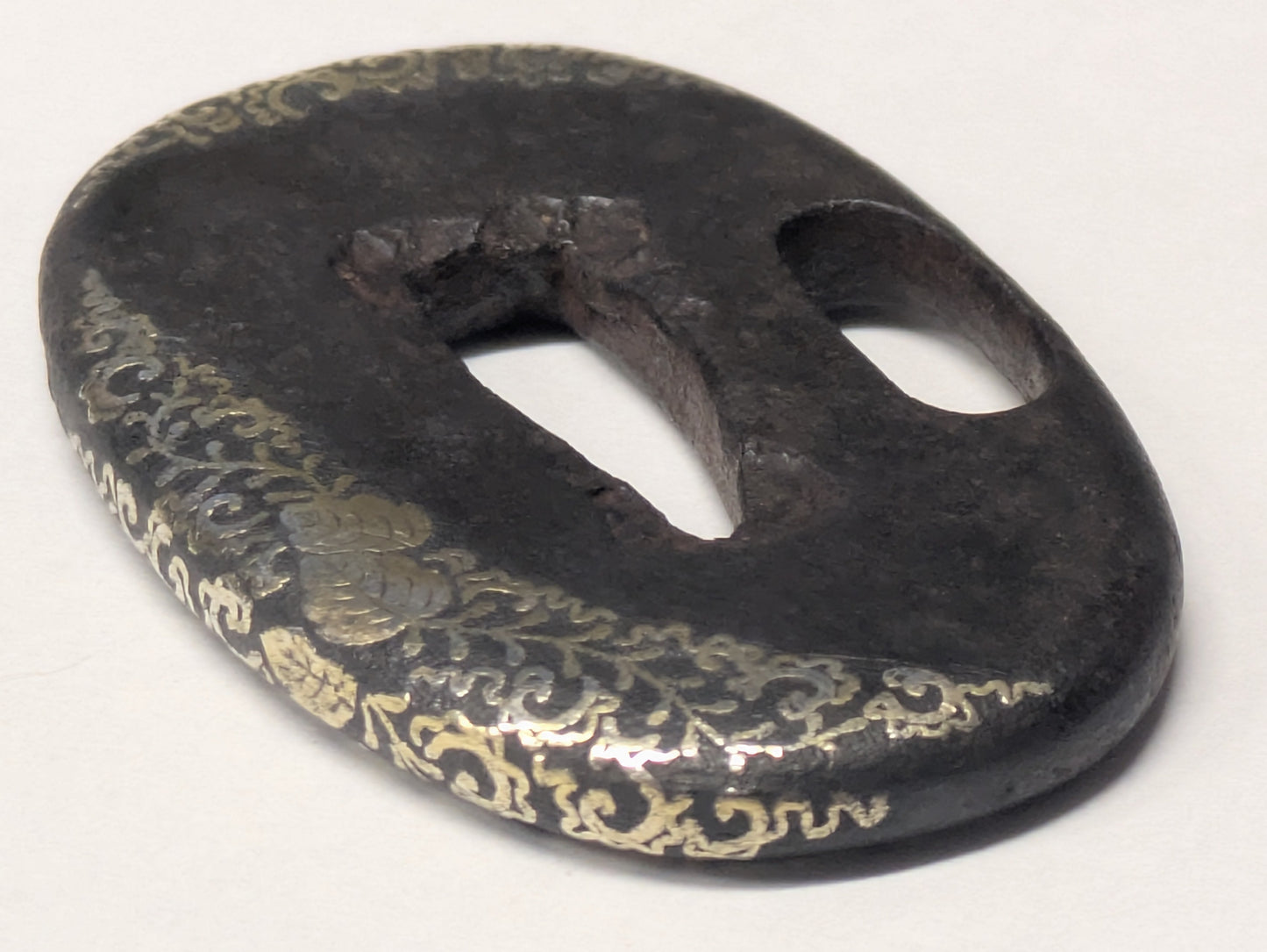 Antique Japanese Pair of Matched Iron Tsuba with Silver Wisteria Inlay, Edo Period, c. 1800–1868