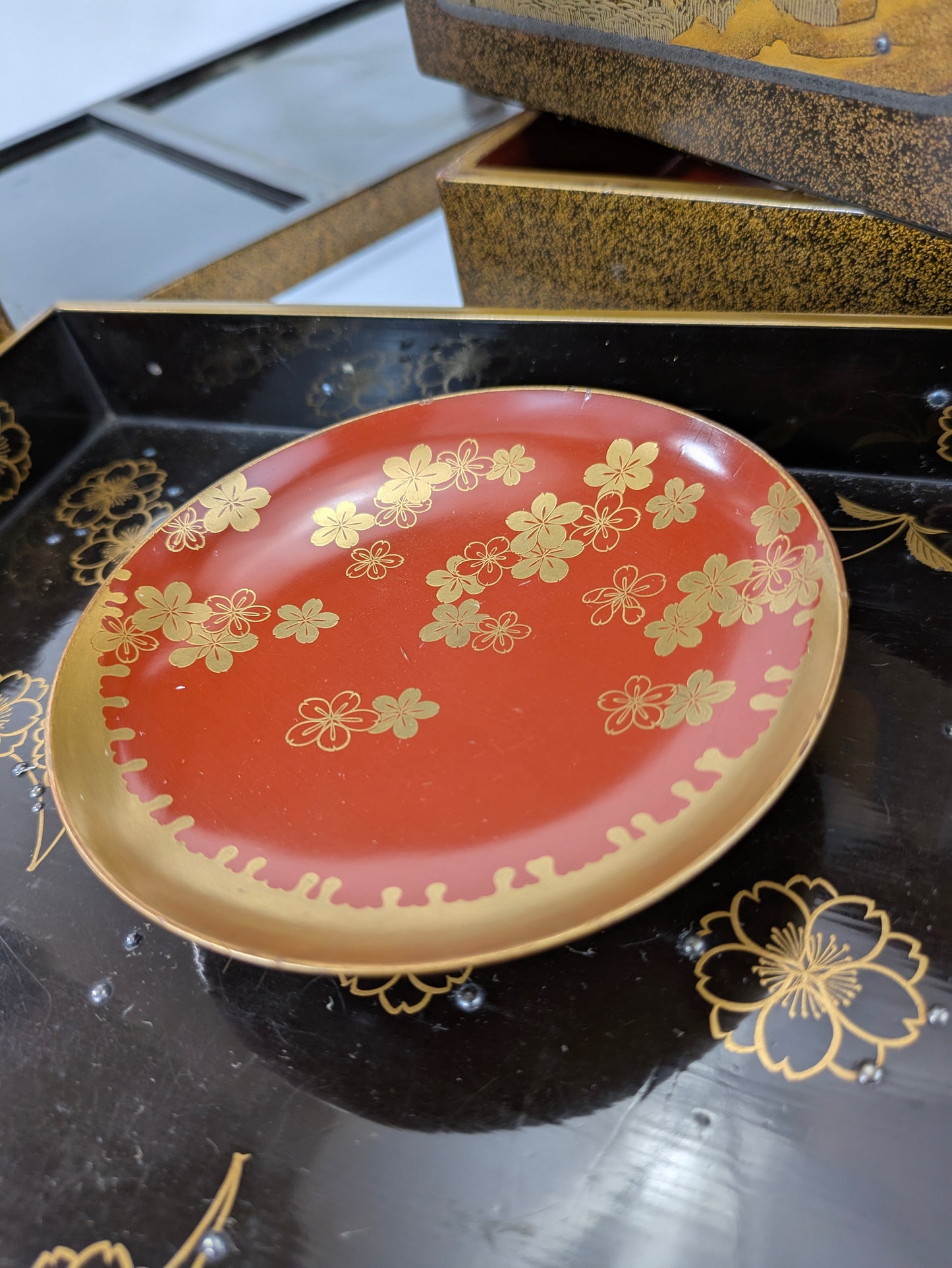 Antique Japanese Very Rare Edo Period 17/18 Century Lacquered Picnic Sake Set (Kazaribako) Hanami (Cherry Blossom Viewing) Caddy w Gold Maki-E & Silver “Dew” Studs LS#140