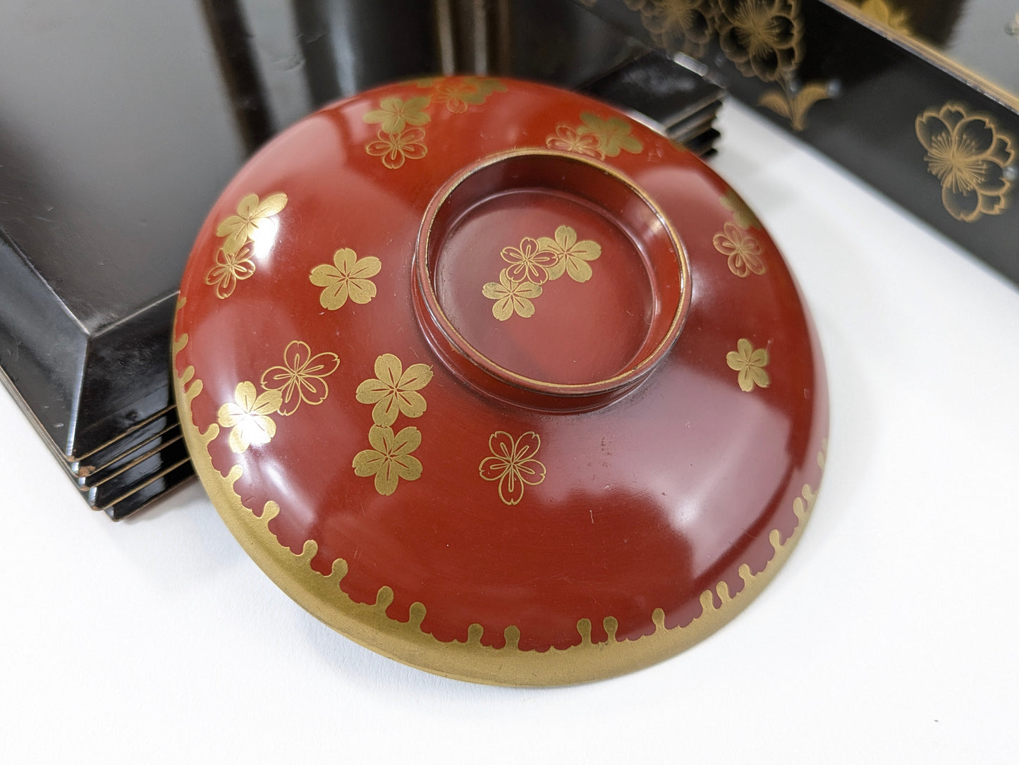 Antique Japanese Very Rare Edo Period 17/18 Century Lacquered Picnic Sake Set (Kazaribako) Hanami (Cherry Blossom Viewing) Caddy w Gold Maki-E & Silver “Dew” Studs LS#140