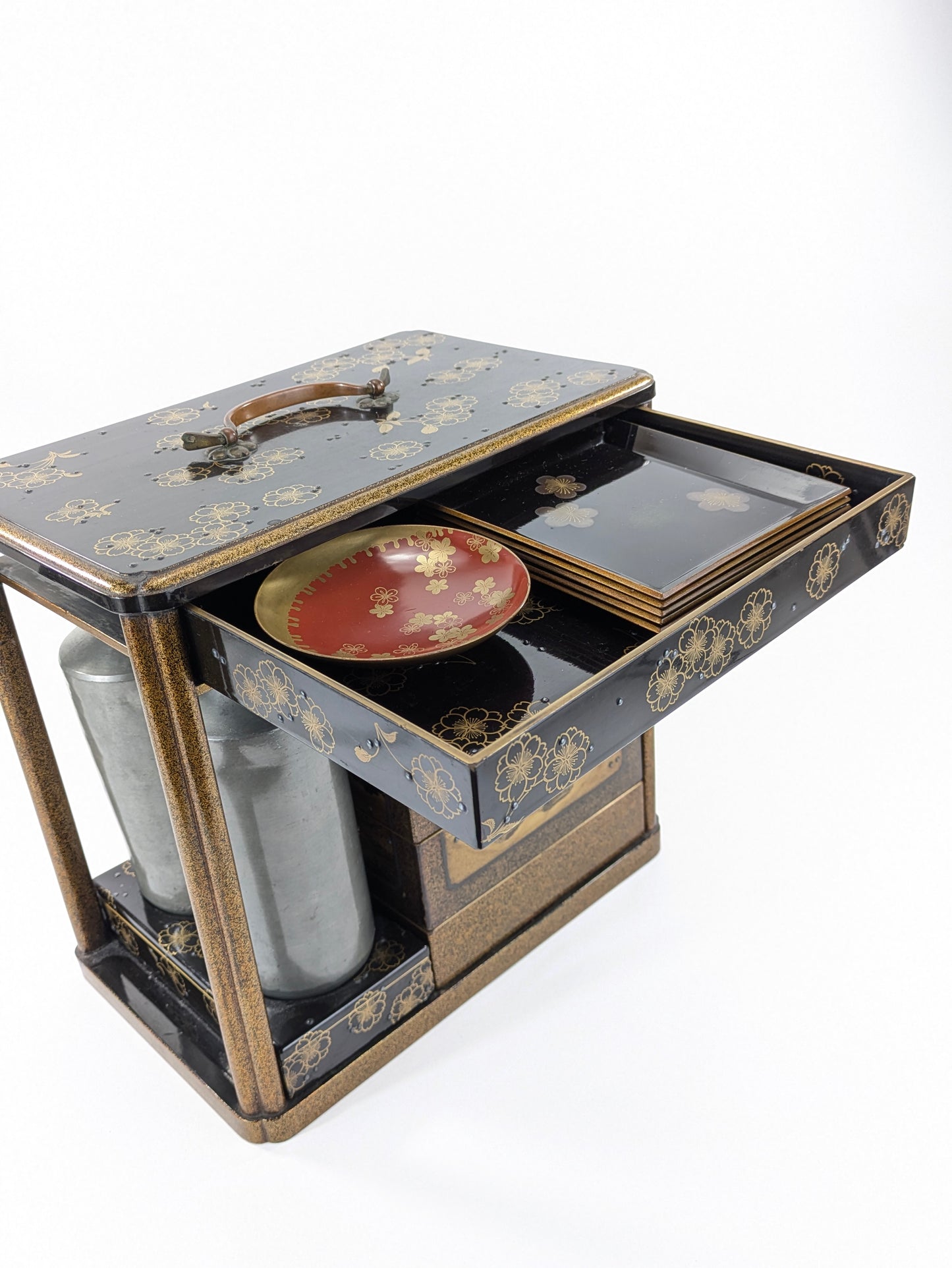 Antique Japanese Very Rare Edo Period 17/18 Century Lacquered Picnic Sake Set (Kazaribako) Hanami (Cherry Blossom Viewing) Caddy w Gold Maki-E & Silver “Dew” Studs LS#140