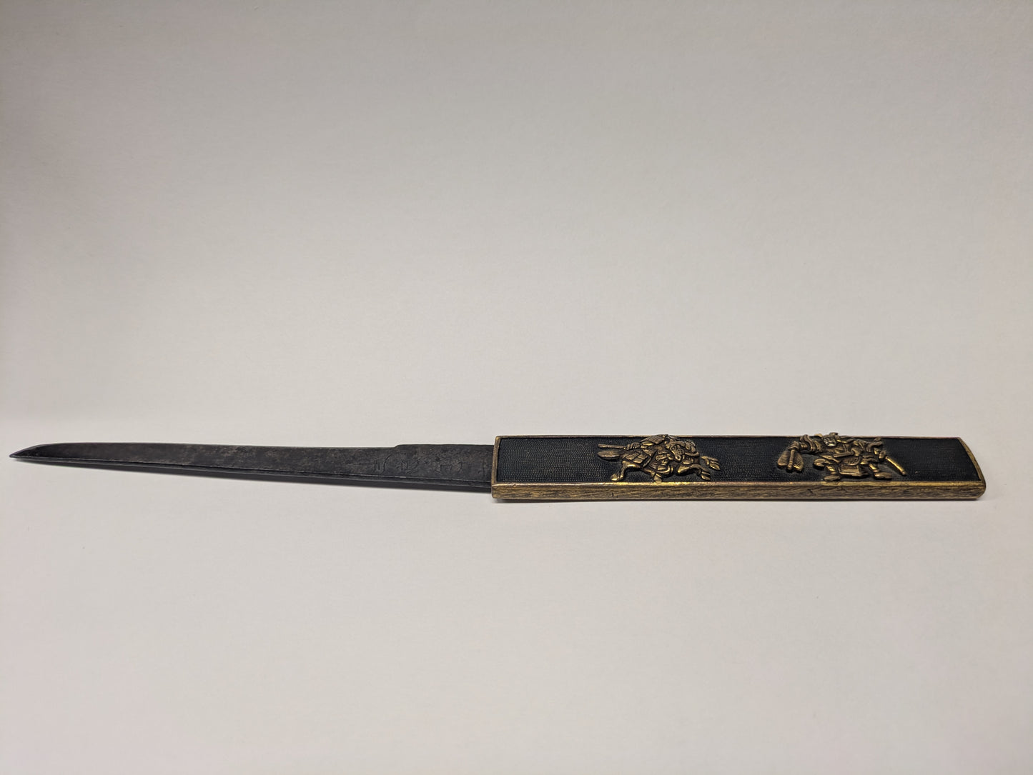 Antique Japanese Edo Period Kozuka Knife Sheath Two Samurai in Gilt Relief Edo period (18th–19th C),