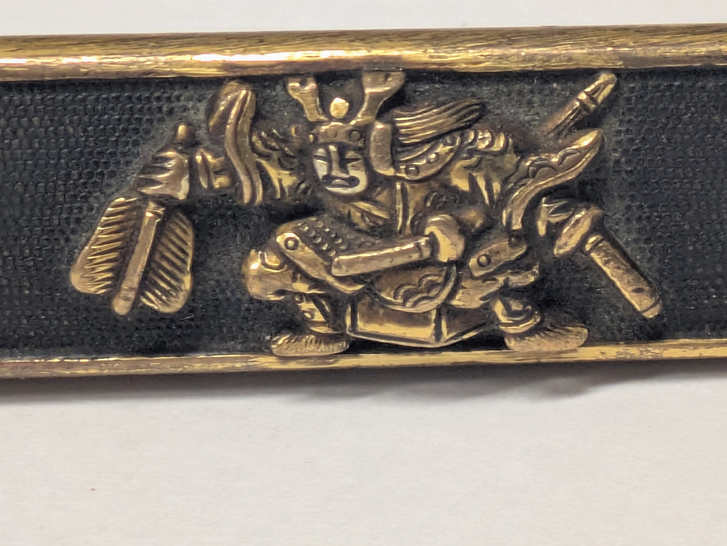 Antique Japanese Edo Period Kozuka Knife Sheath Two Samurai in Gilt Relief Edo period (18th–19th C),