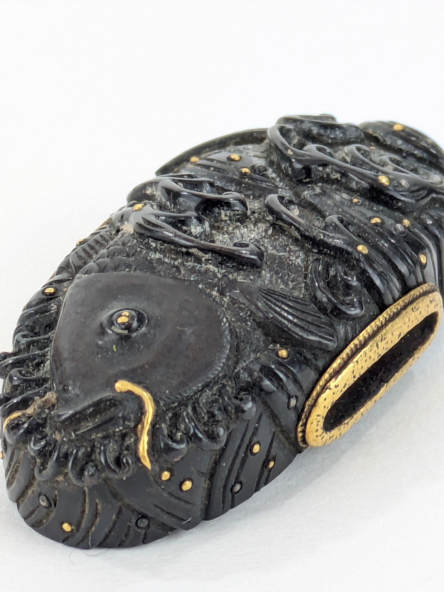 Antique Japanese Edo-Period Sword Katana Kashira Koi in Waves on Shakudō,