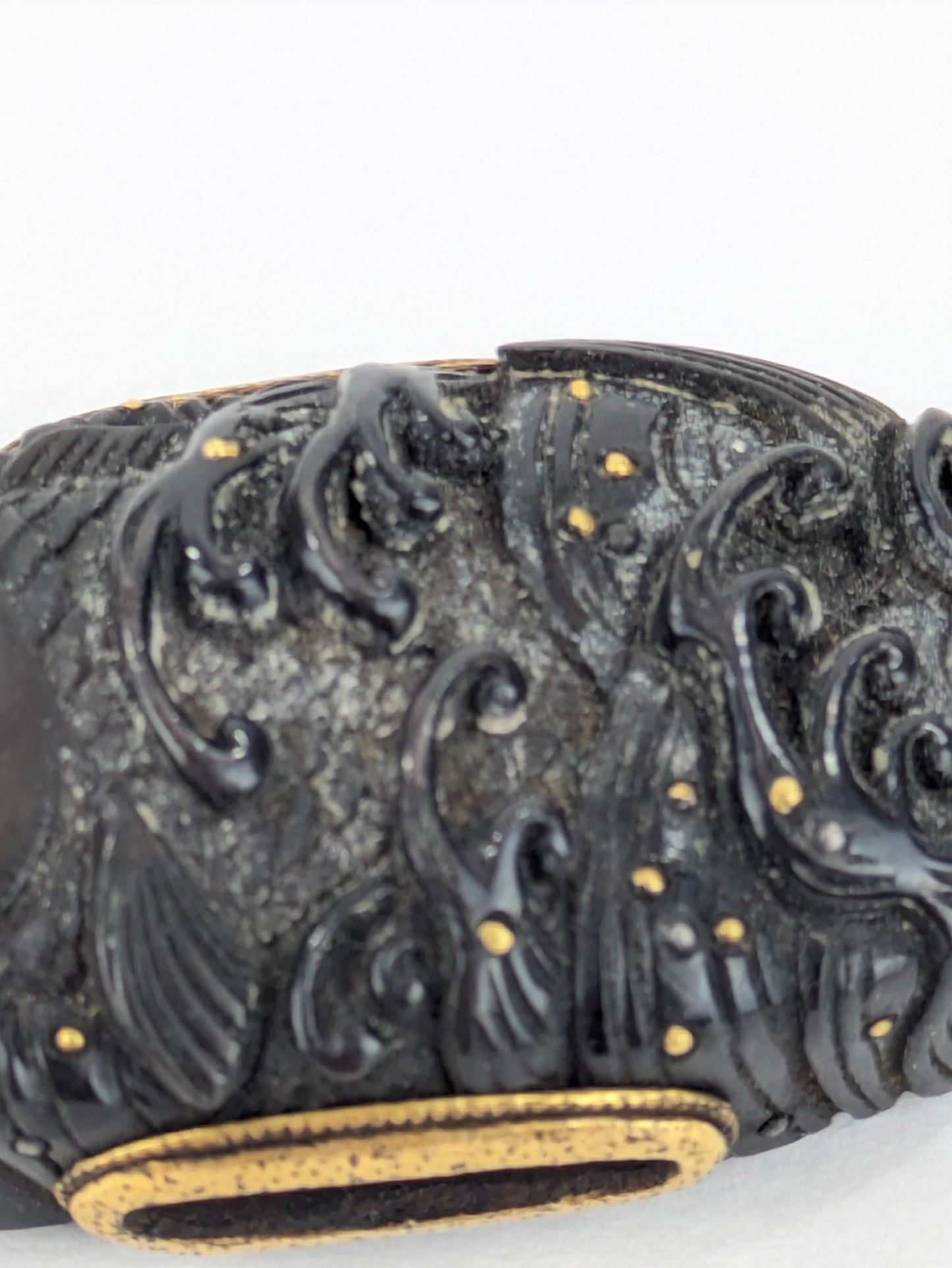 Antique Japanese Edo-Period Sword Katana Kashira Koi in Waves on Shakudō,