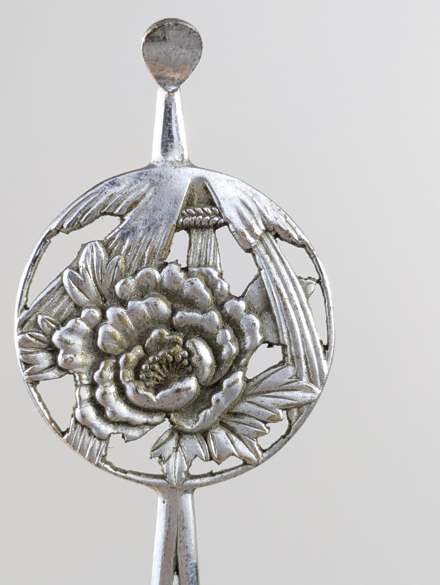Antique Japanese Round Kanzashi Geisha Hairpiece Silver Peony Blossom Tassels 7" Hairpin Mimikake Style