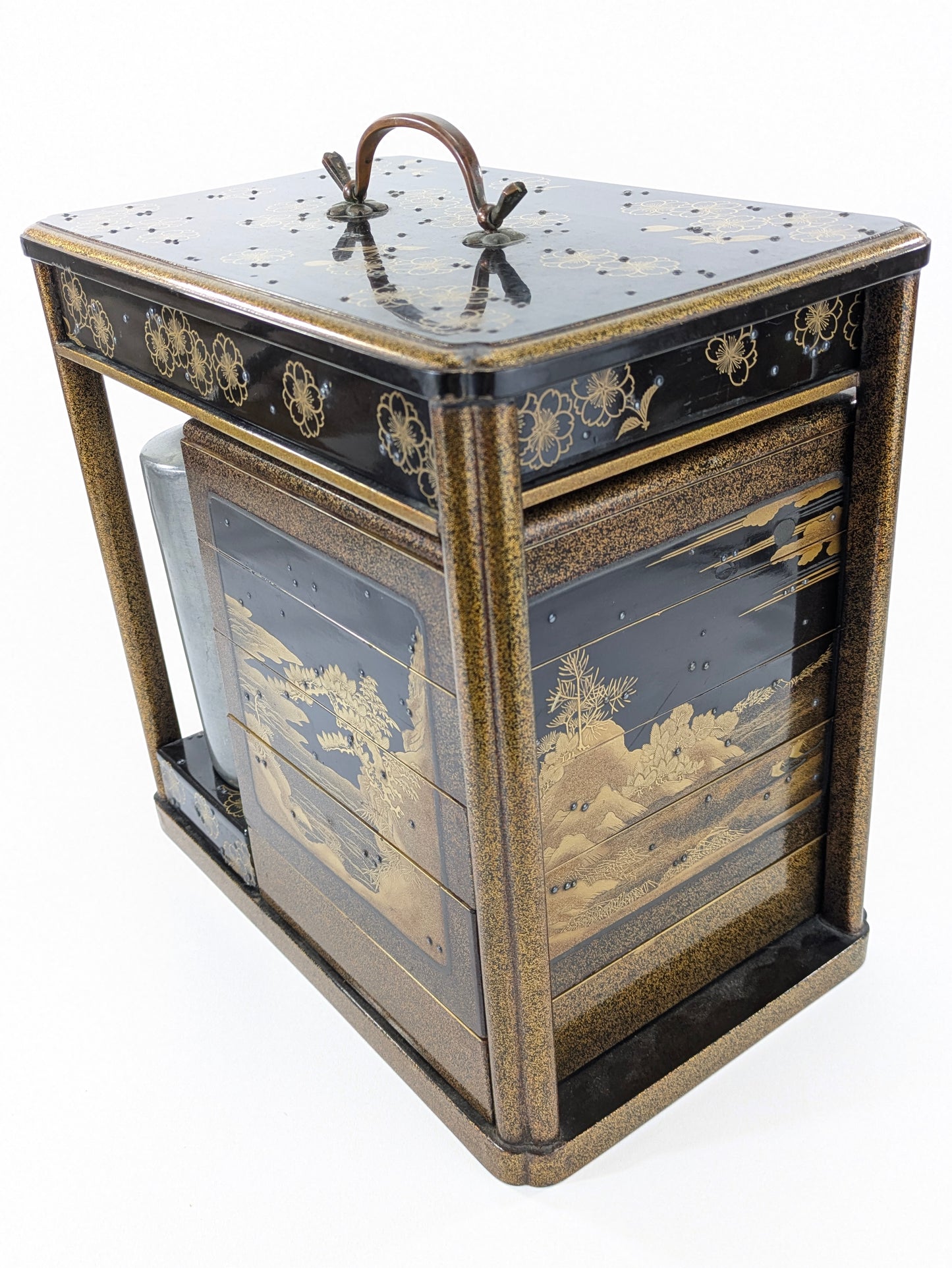 Antique Japanese Very Rare Edo Period 17/18 Century Lacquered Picnic Sake Set (Kazaribako) Hanami (Cherry Blossom Viewing) Caddy w Gold Maki-E & Silver “Dew” Studs LS#140