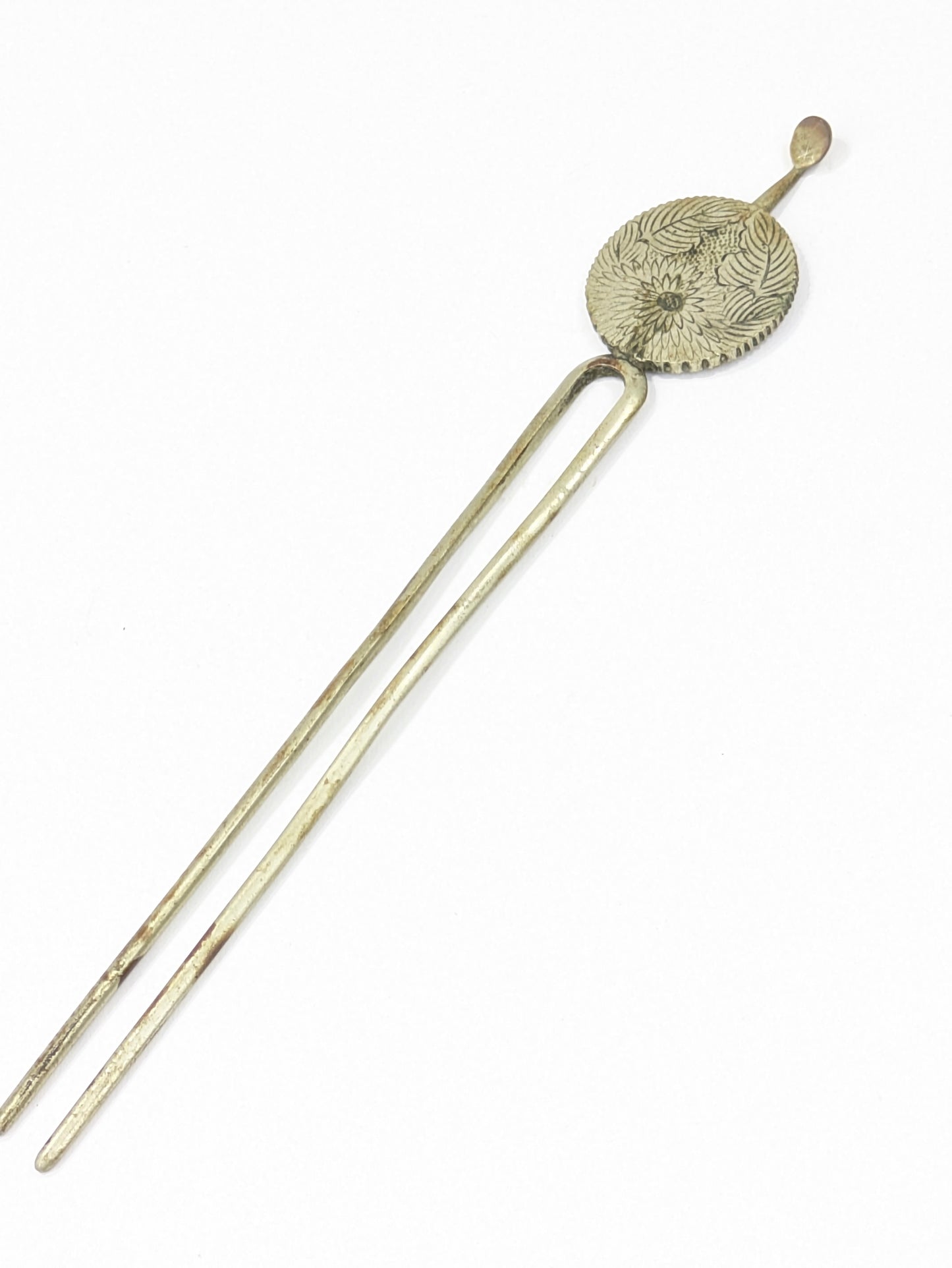 Antique Japanese Round Kanzashi Geisha Hairpiece Silver Chrasnthumum 6" Hairpin Mimikake Style
