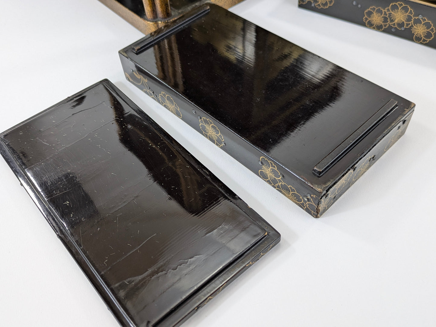 Antique Japanese Very Rare Edo Period 17/18 Century Lacquered Picnic Sake Set (Kazaribako) Hanami (Cherry Blossom Viewing) Caddy w Gold Maki-E & Silver “Dew” Studs LS#140