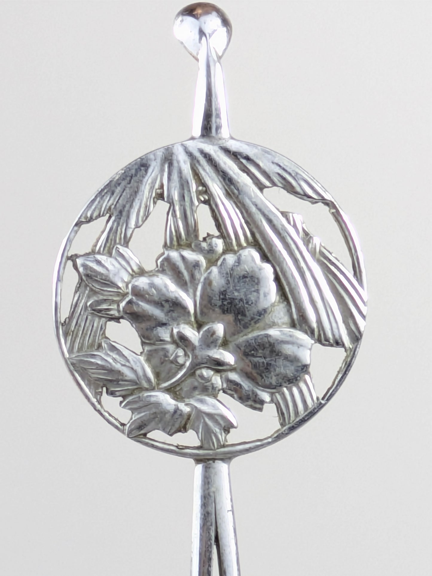 Antique Japanese Round Kanzashi Geisha Hairpiece Silver Peony Blossom Tassels 7" Hairpin Mimikake Style