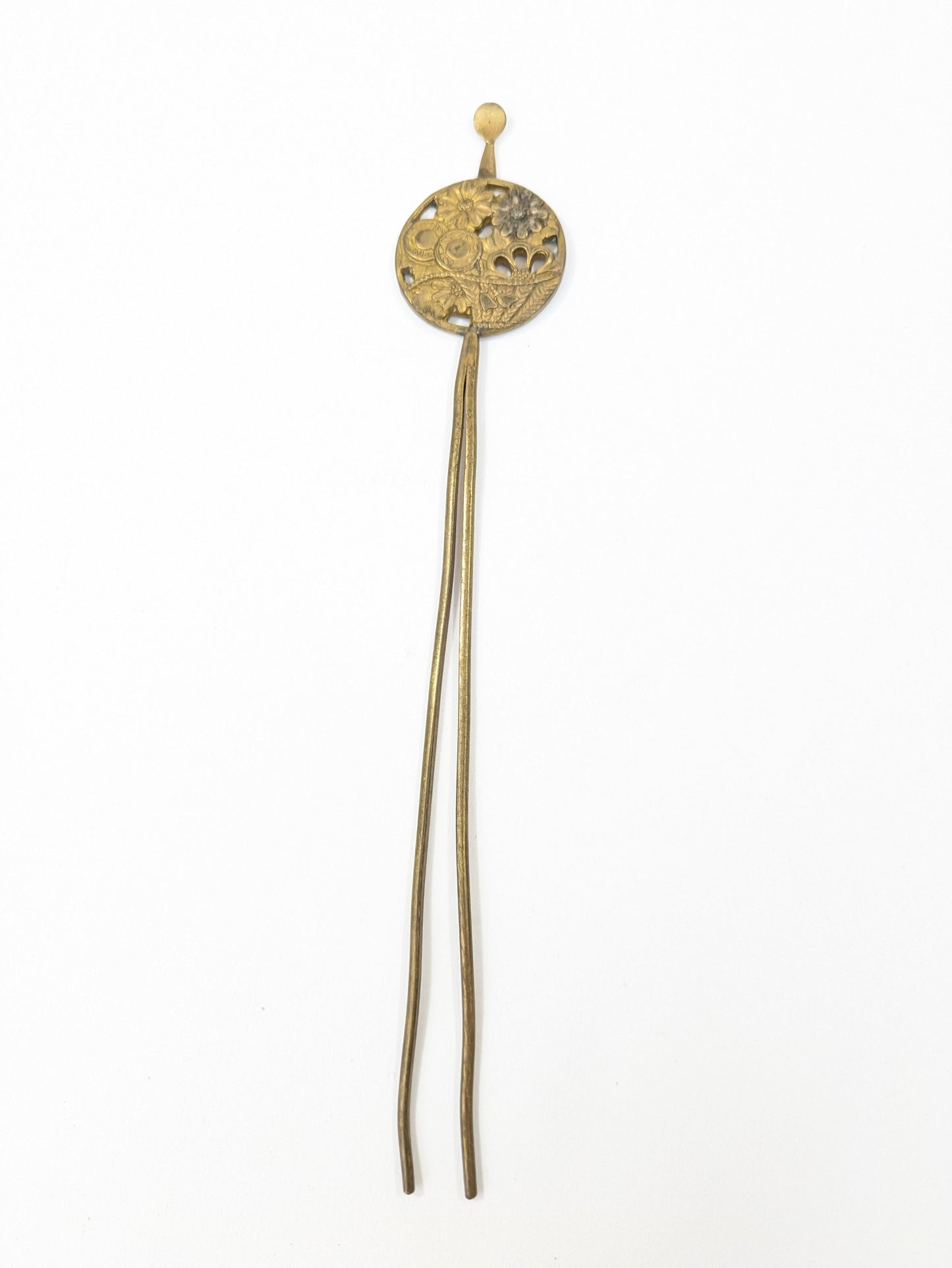 Antique Japanese Round Kanzashi Geisha Hairpiece Bronze Daisies & Tenko Drum 7" Hairpin Mimikake Style