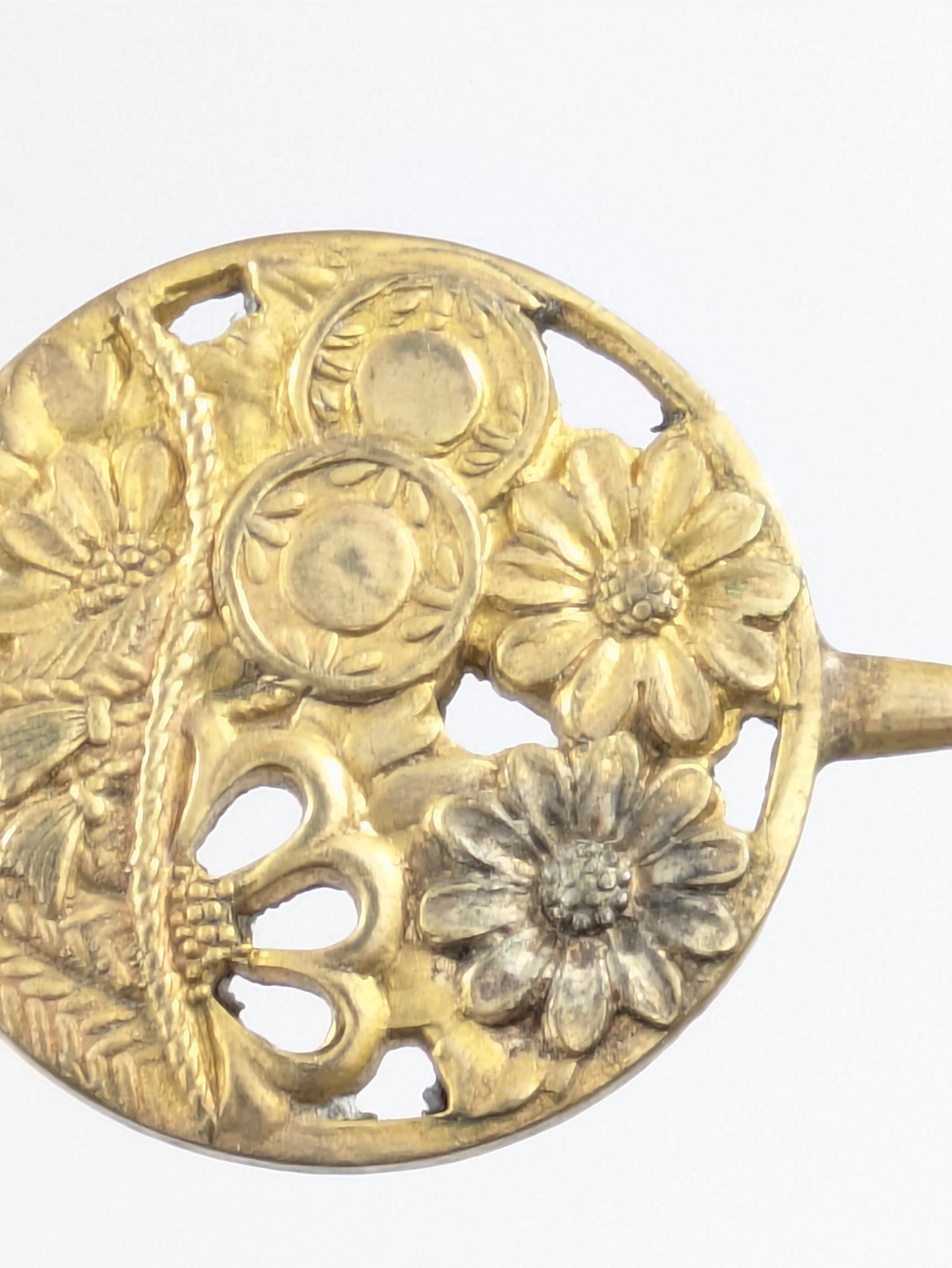 Antique Japanese Round Kanzashi Geisha Hairpiece Bronze Daisies & Tenko Drum 7" Hairpin Mimikake Style