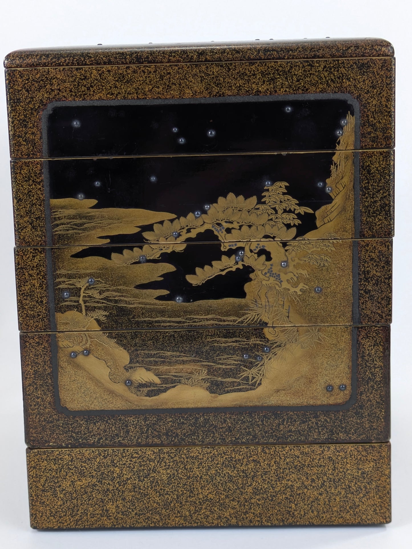 Antique Japanese Very Rare Edo Period 17/18 Century Lacquered Picnic Sake Set (Kazaribako) Hanami (Cherry Blossom Viewing) Caddy w Gold Maki-E & Silver “Dew” Studs LS#140