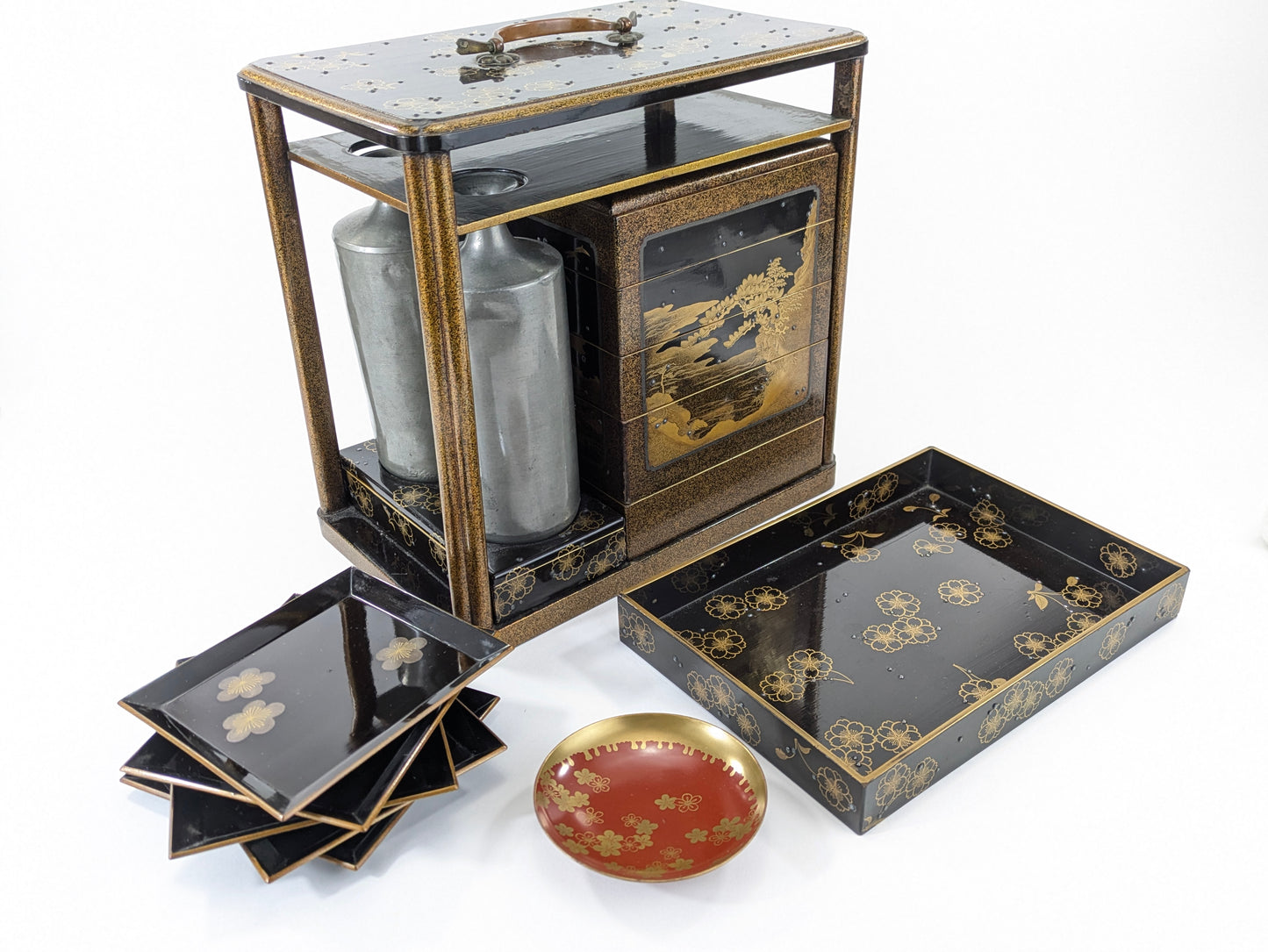 Antique Japanese Very Rare Edo Period 17/18 Century Lacquered Picnic Sake Set (Kazaribako) Hanami (Cherry Blossom Viewing) Caddy w Gold Maki-E & Silver “Dew” Studs LS#140