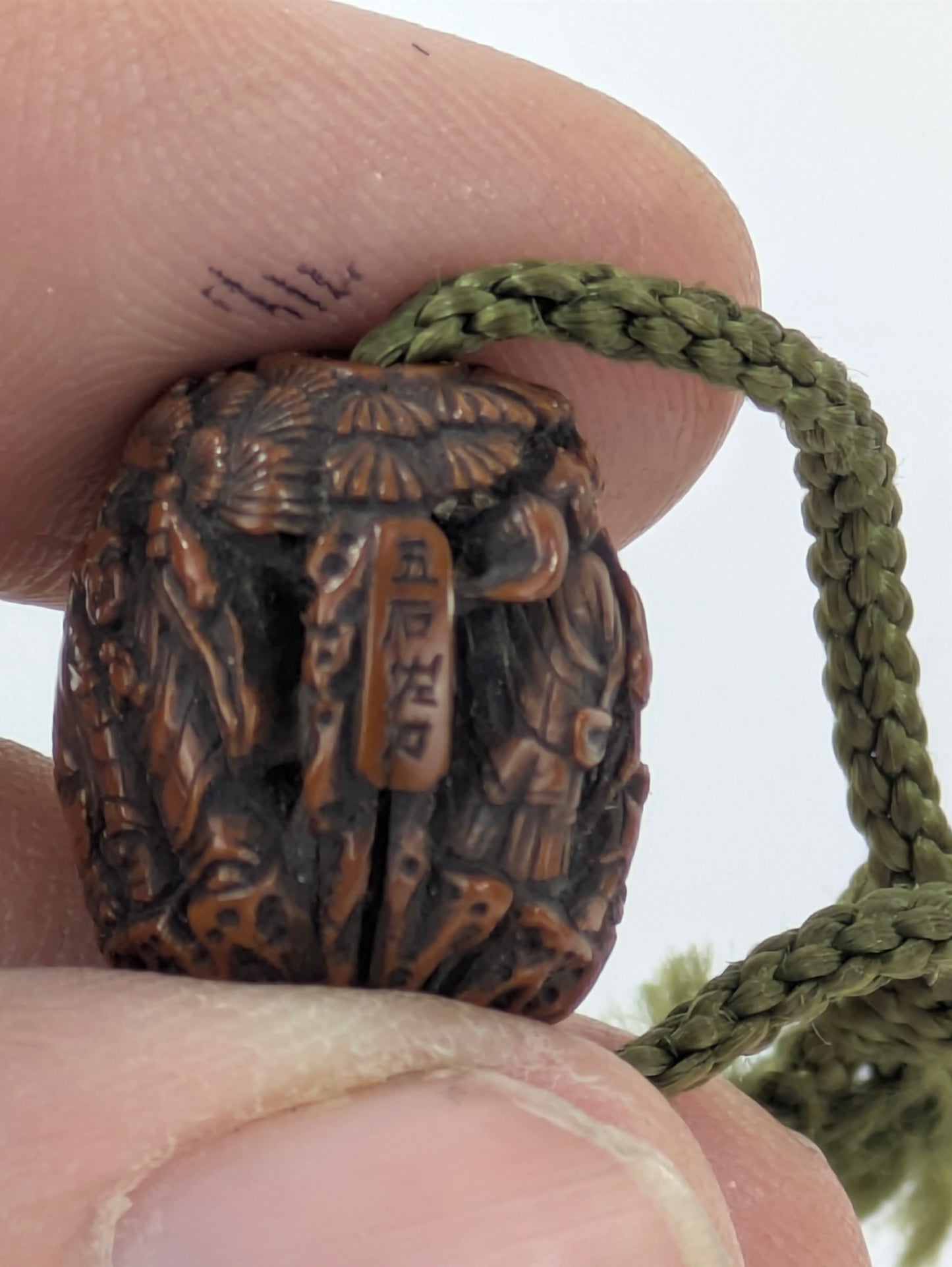 Antique Japanese Hand Carved Wooden Ojime Bead w/ Tiny Mountain Monks Motif .75"