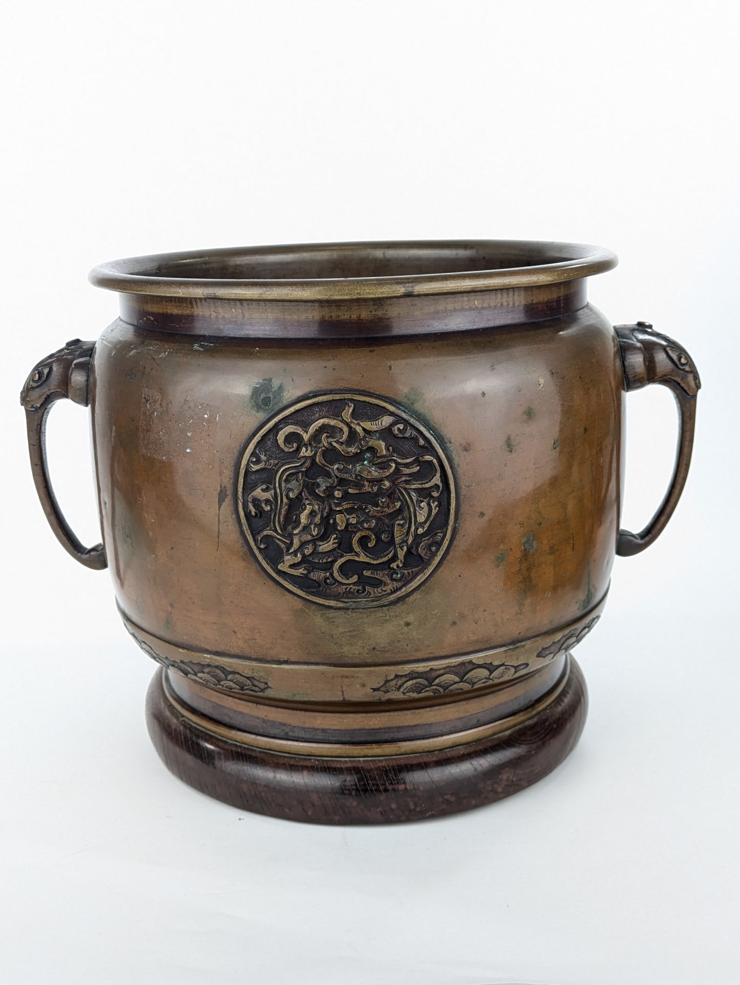 Antique Japanese (c1920) Bronze Hibachi Brazier Animals Dragon Tiger Motif 11"