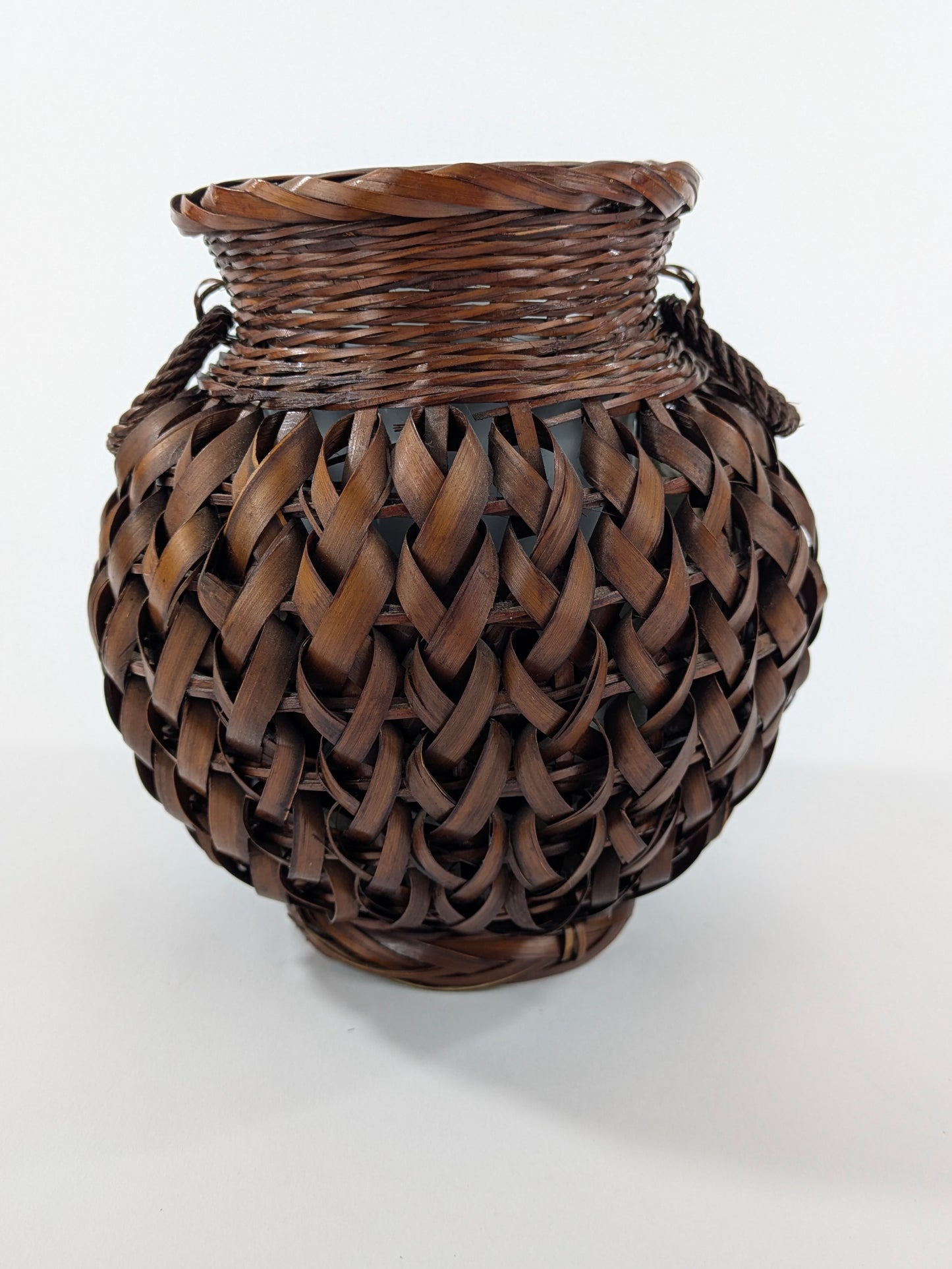 Japanese Bamboo Basket Ikebana Flower Basket Open Weave w/ Inner Vase
