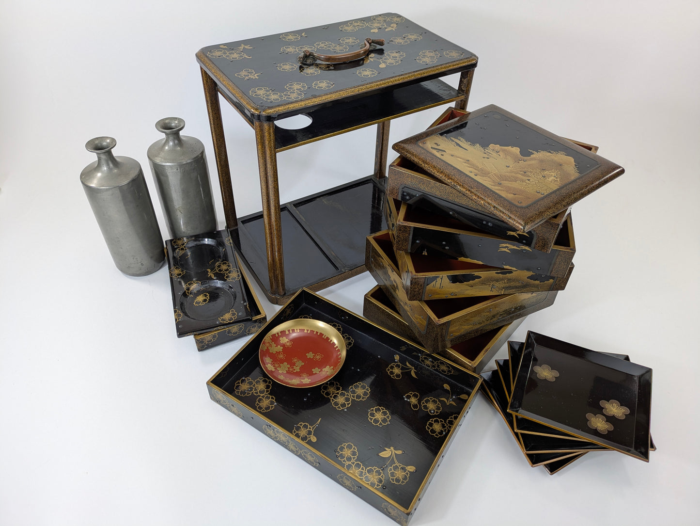 Antique Japanese Very Rare Edo Period 17/18 Century Lacquered Picnic Sake Set (Kazaribako) Hanami (Cherry Blossom Viewing) Caddy w Gold Maki-E & Silver “Dew” Studs LS#140