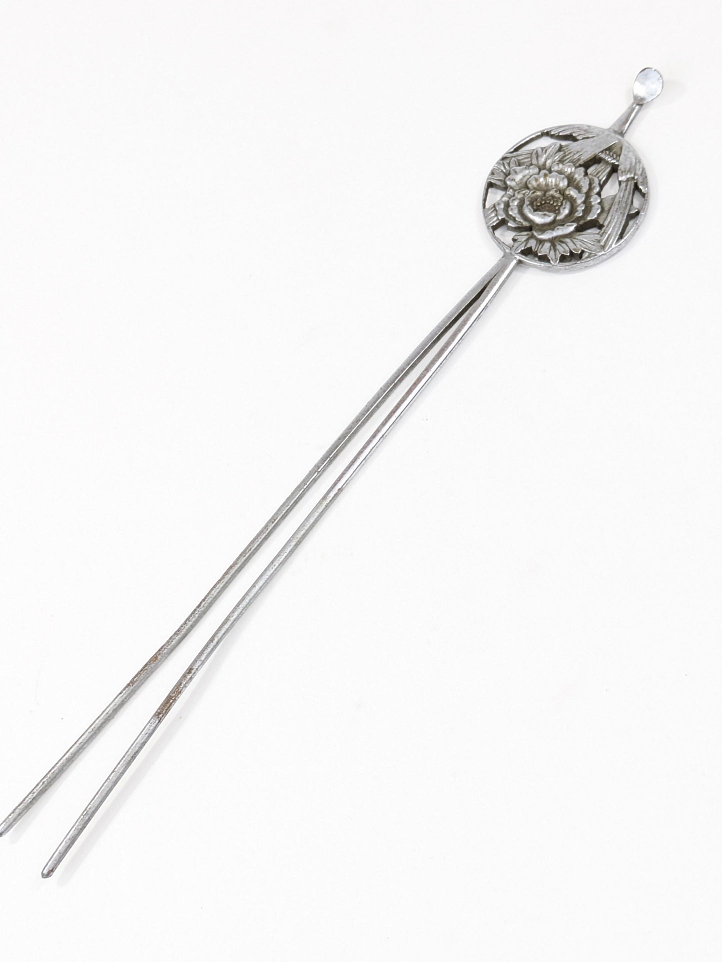 Antique Japanese Round Kanzashi Geisha Hairpiece Silver Peony Blossom Tassels 7" Hairpin Mimikake Style