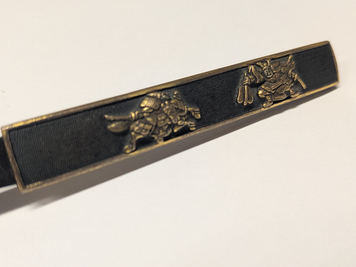 Antique Japanese Edo Period Kozuka Knife Sheath Two Samurai in Gilt Relief Edo period (18th–19th C),