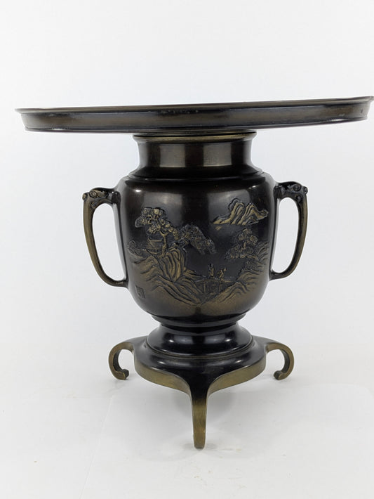 Antique Japanese Signed Usubata Bronze Vase – Pine Landscape with Bridge &amp; Temple – Meiji–Taisho Era