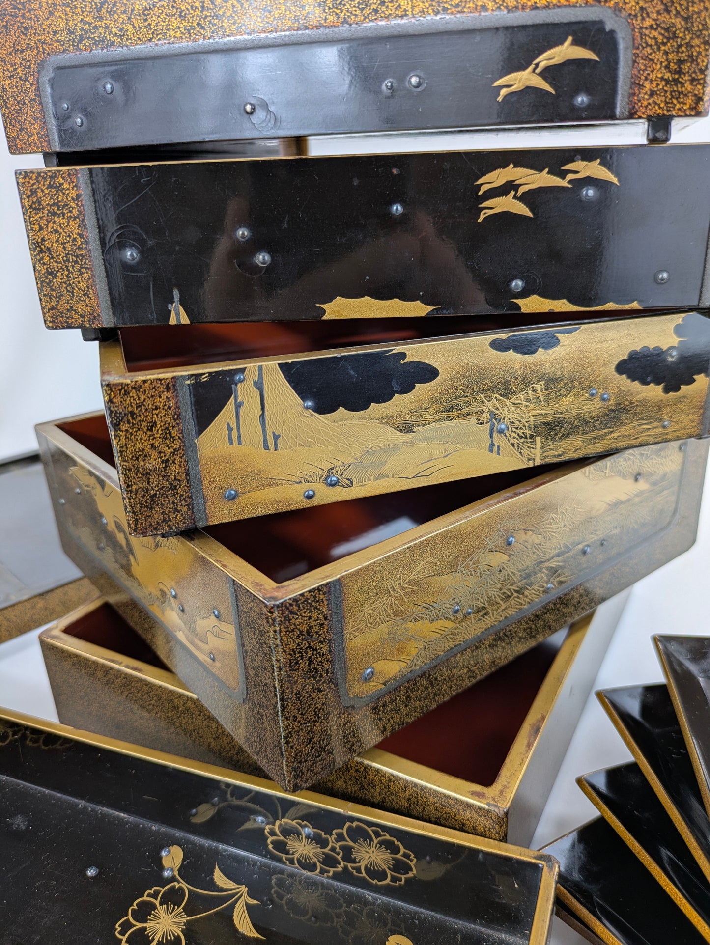 Antique Japanese Very Rare Edo Period 17/18 Century Lacquered Picnic Sake Set (Kazaribako) Hanami (Cherry Blossom Viewing) Caddy w Gold Maki-E & Silver “Dew” Studs LS#140