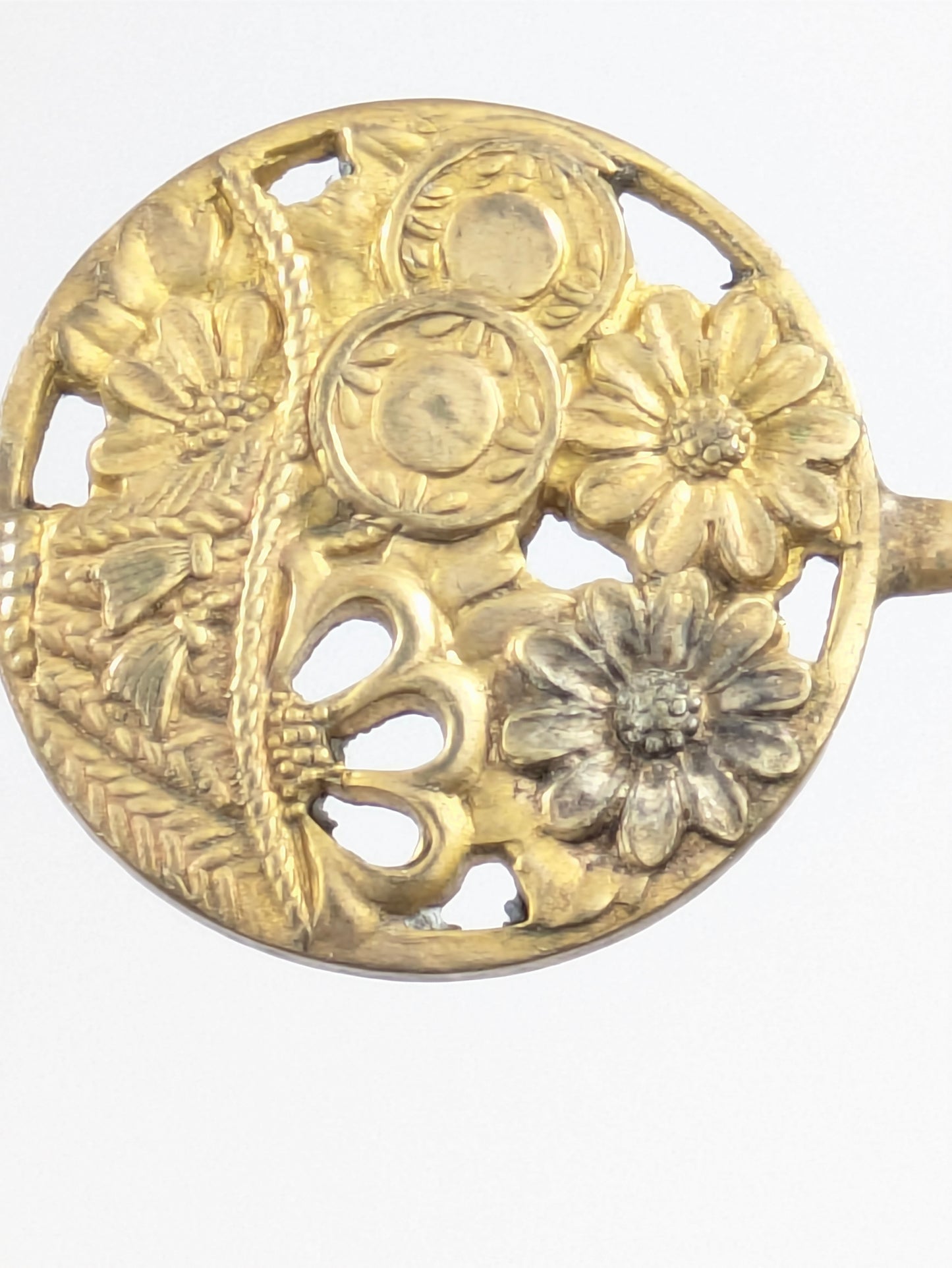 Antique Japanese Round Kanzashi Geisha Hairpiece Bronze Daisies & Tenko Drum 7" Hairpin Mimikake Style