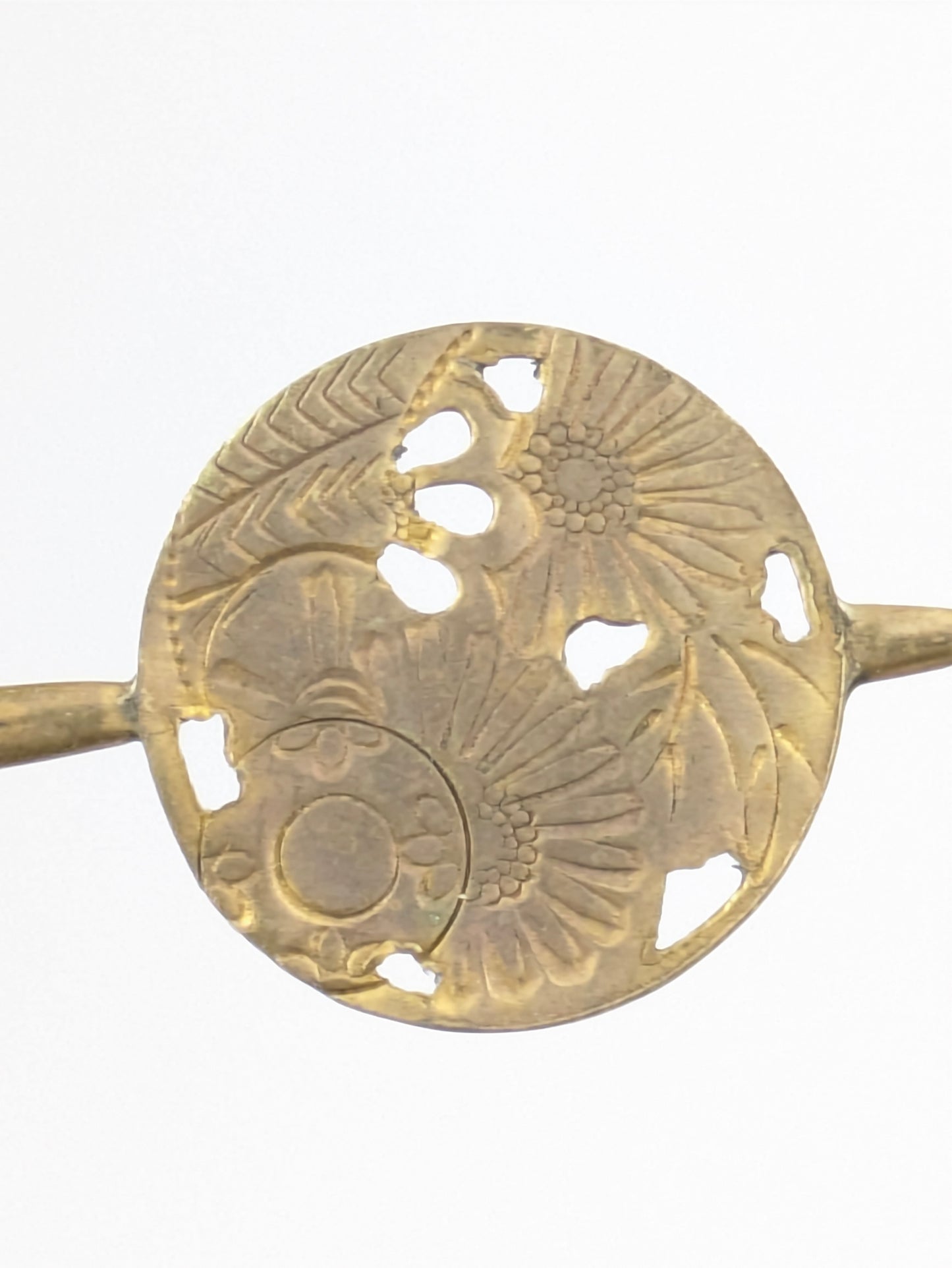 Antique Japanese Round Kanzashi Geisha Hairpiece Bronze Daisies & Tenko Drum 7" Hairpin Mimikake Style