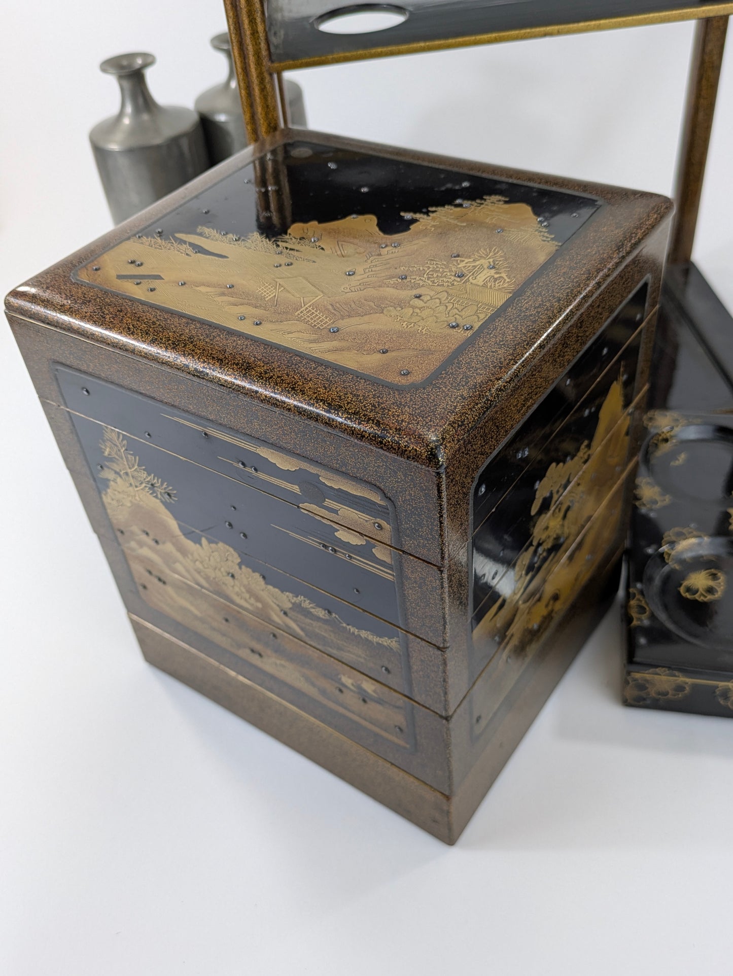 Antique Japanese Very Rare Edo Period 17/18 Century Lacquered Picnic Sake Set (Kazaribako) Hanami (Cherry Blossom Viewing) Caddy w Gold Maki-E & Silver “Dew” Studs LS#140