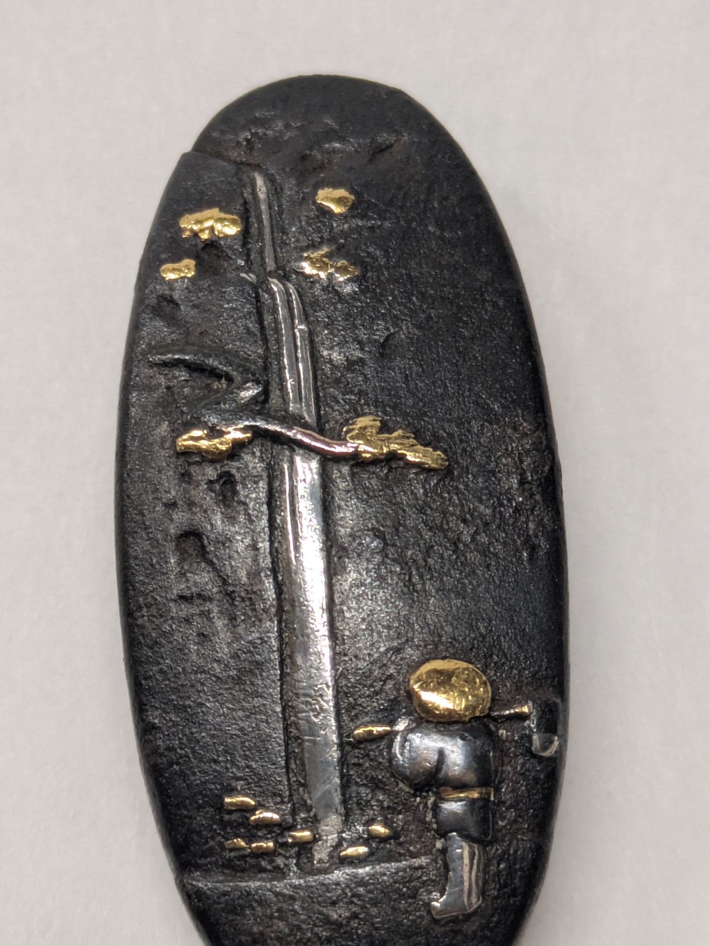 Japanese Mixed Metal Kashira with Farmer and Silver Waterfall, Edo Period, c. 1800–1868,