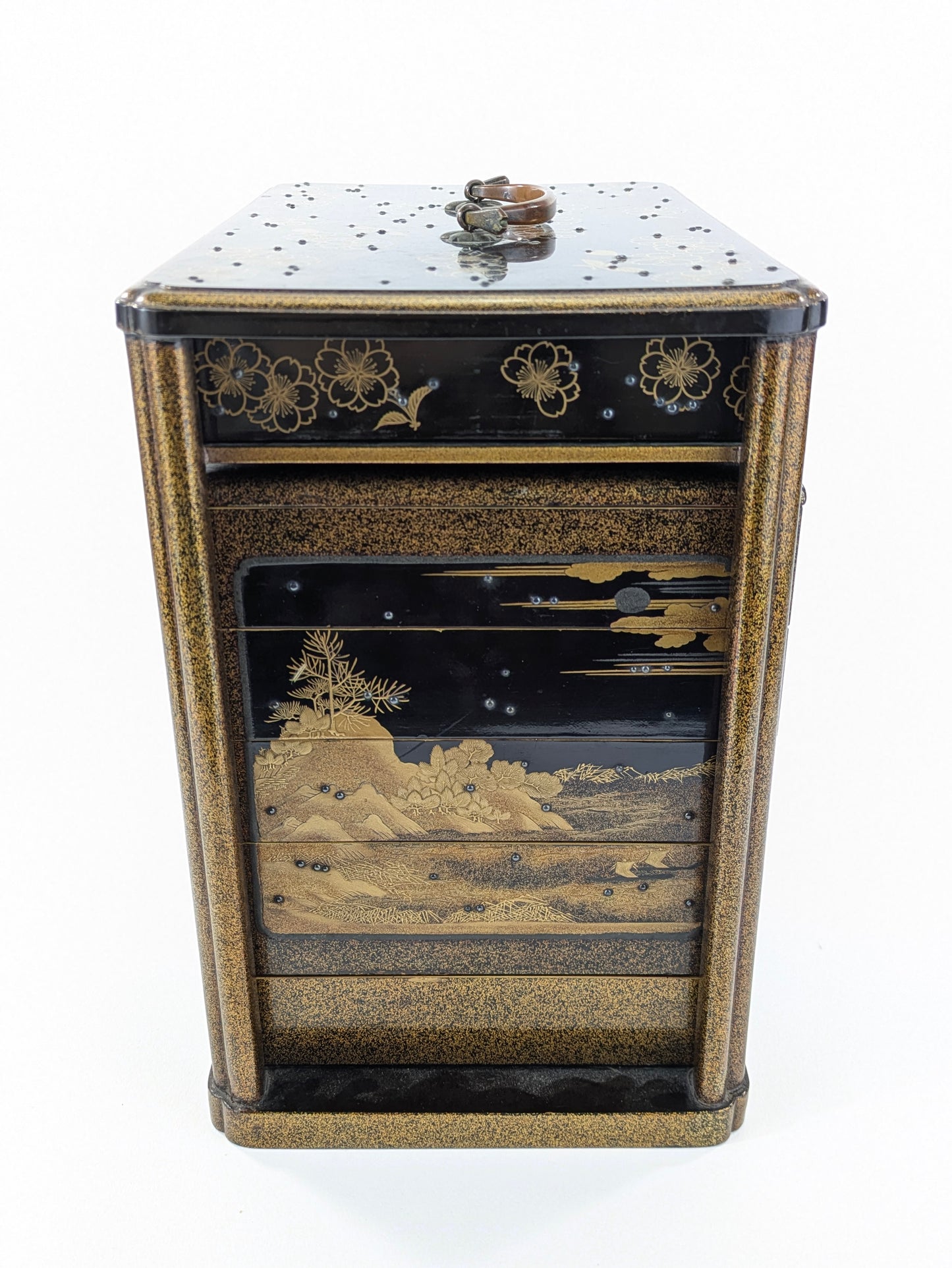 Antique Japanese Very Rare Edo Period 17/18 Century Lacquered Picnic Sake Set (Kazaribako) Hanami (Cherry Blossom Viewing) Caddy w Gold Maki-E & Silver “Dew” Studs LS#140