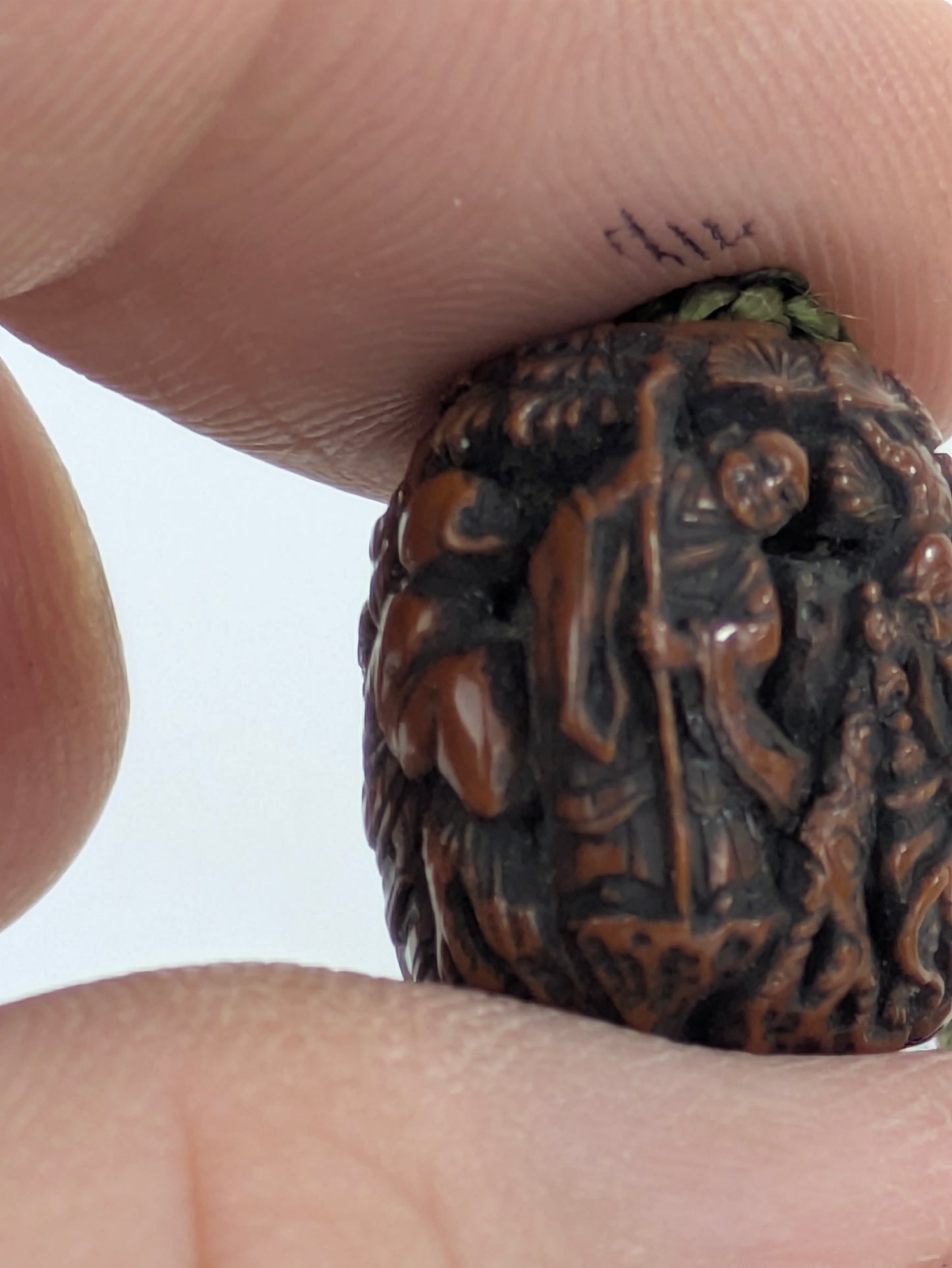 Antique Japanese Hand Carved Wooden Ojime Bead w/ Tiny Mountain Monks Motif .75"