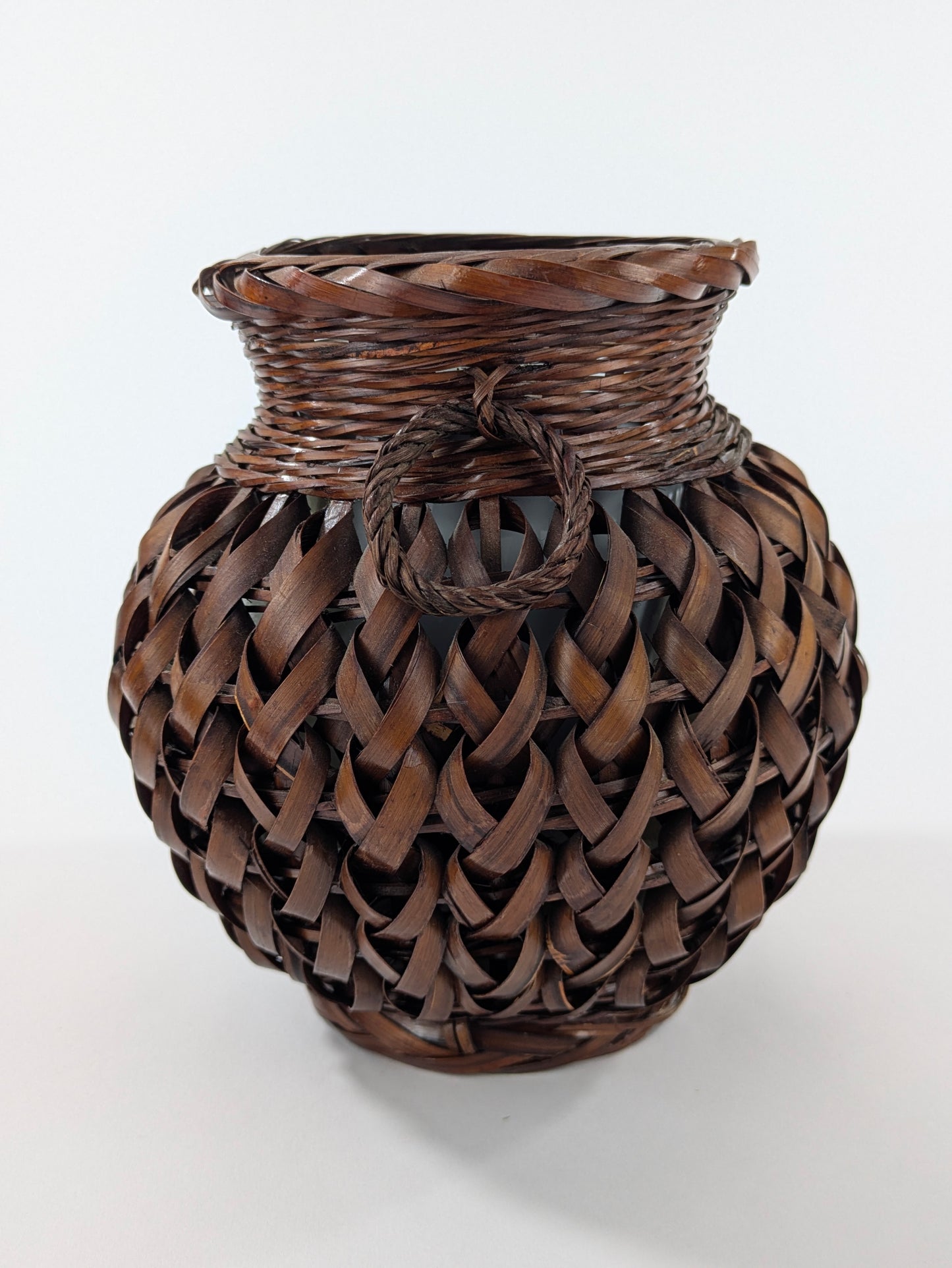 Japanese Bamboo Basket Ikebana Flower Basket Open Weave w/ Inner Vase