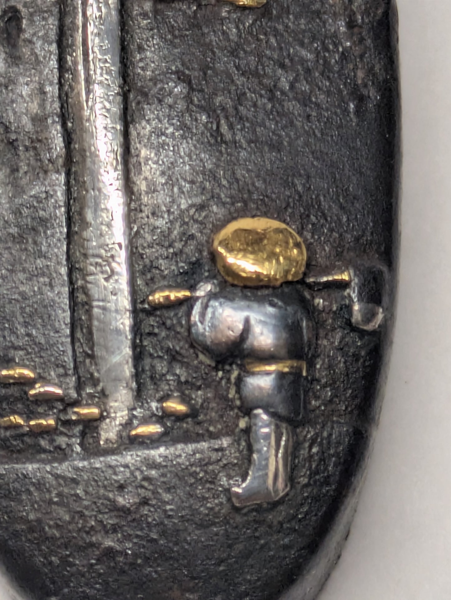 Japanese Mixed Metal Kashira with Farmer and Silver Waterfall, Edo Period, c. 1800–1868,