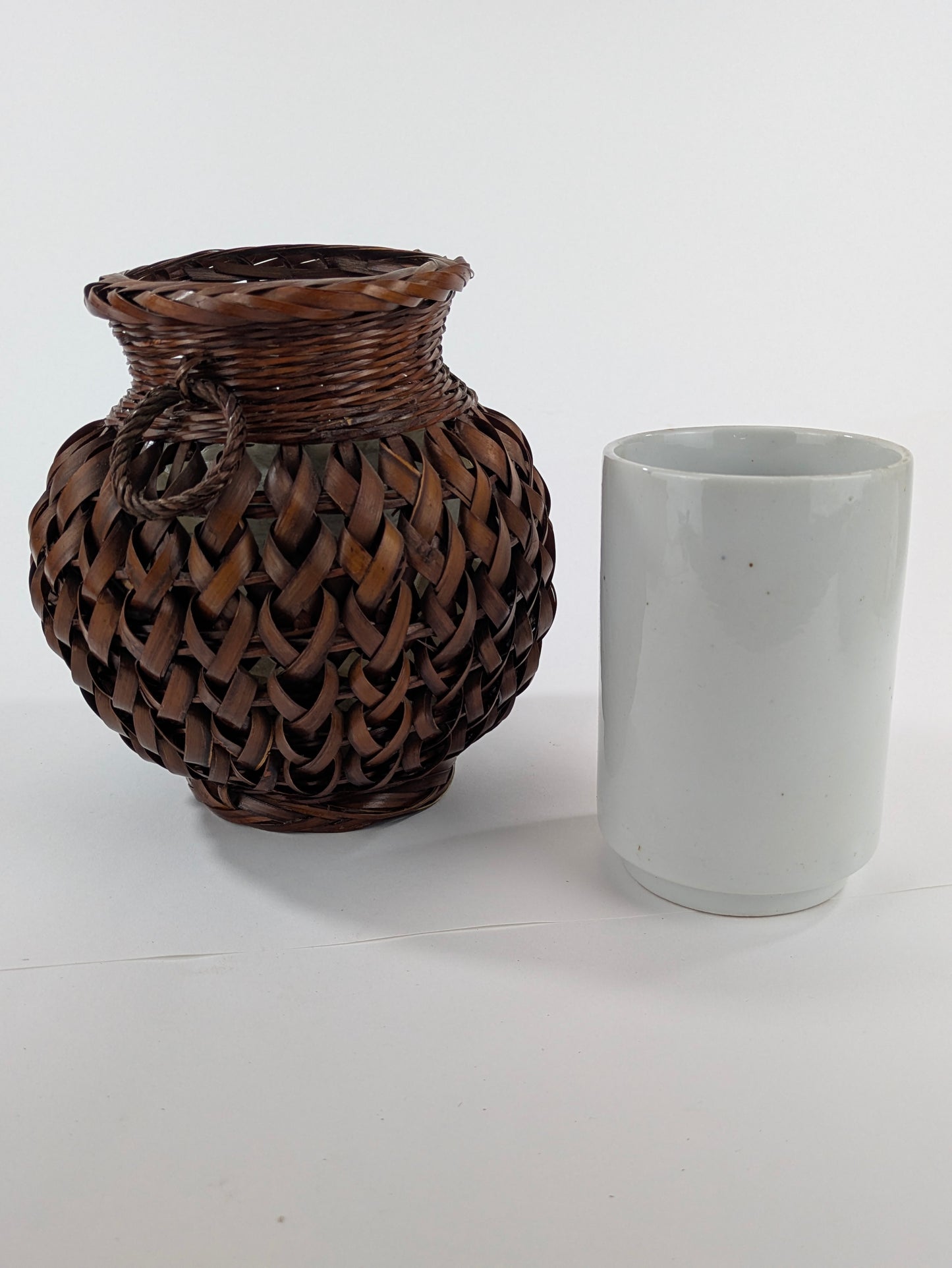 Japanese Bamboo Basket Ikebana Flower Basket Open Weave w/ Inner Vase