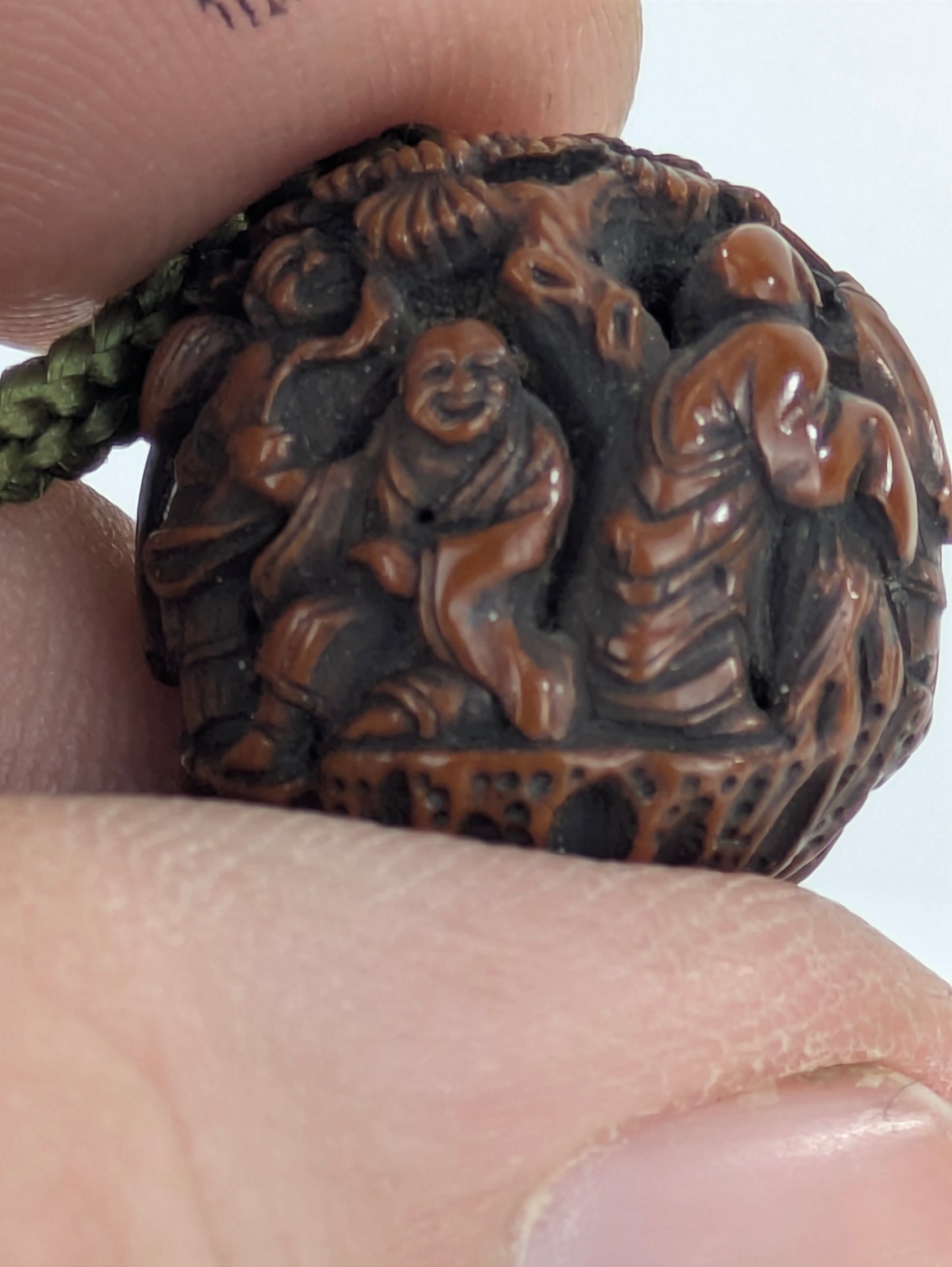 Antique Japanese Hand Carved Wooden Ojime Bead w/ Tiny Mountain Monks Motif .75"