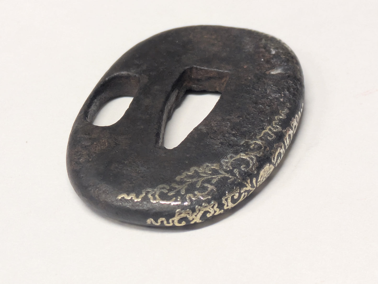 Antique Japanese Pair of Matched Iron Tsuba with Silver Wisteria Inlay, Edo Period, c. 1800–1868