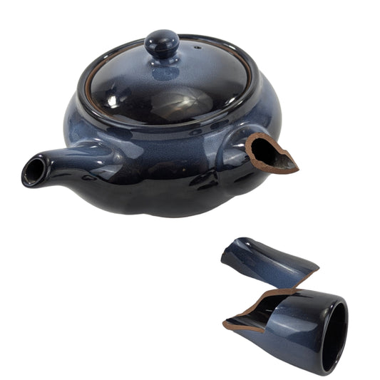 Vintage Japanese Deep Blue Kyusu Kintsugi Practice Pottery in 2 Pieces w/ 2 Gaps