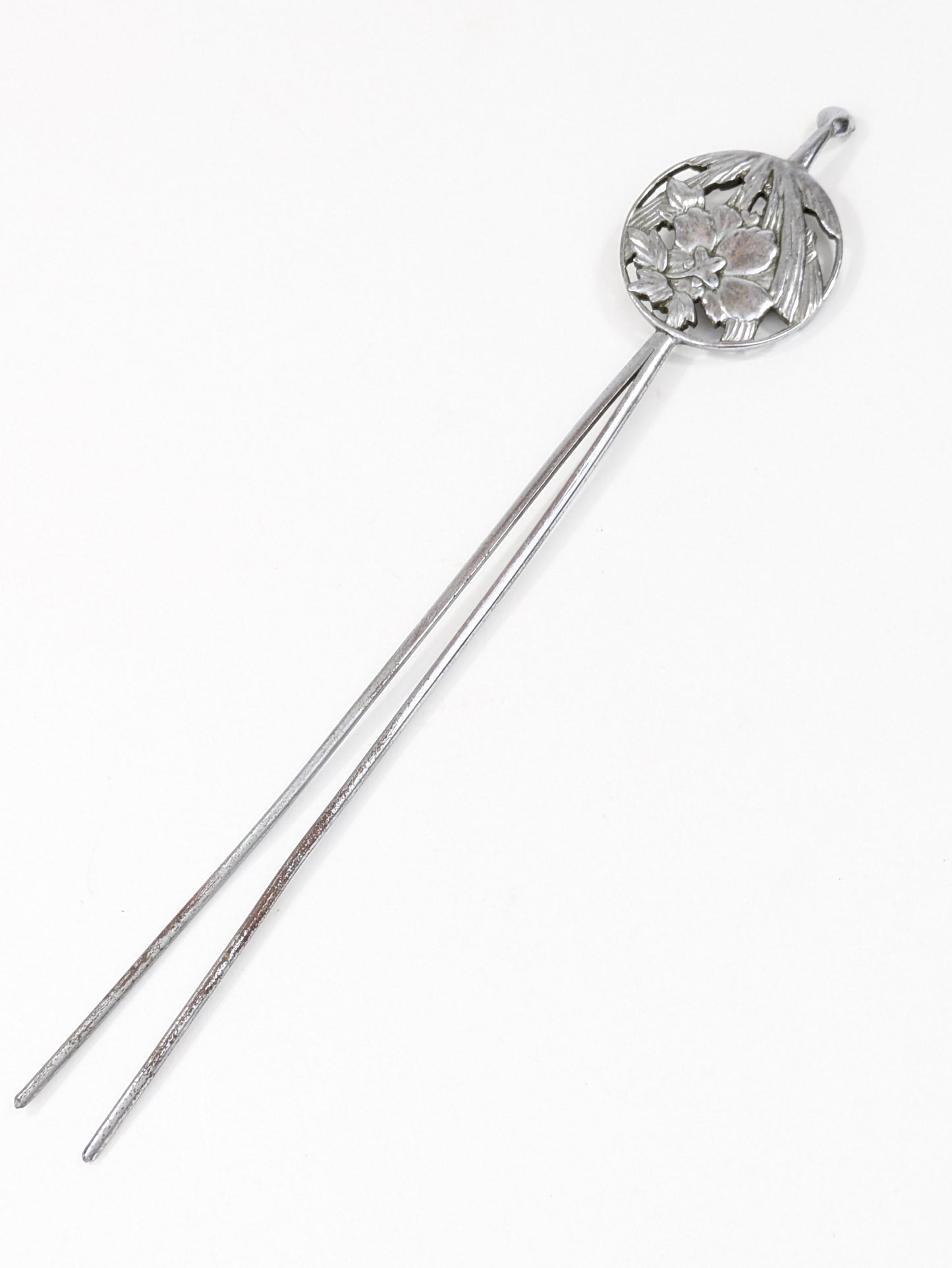 Antique Japanese Round Kanzashi Geisha Hairpiece Silver Peony Blossom Tassels 7" Hairpin Mimikake Style