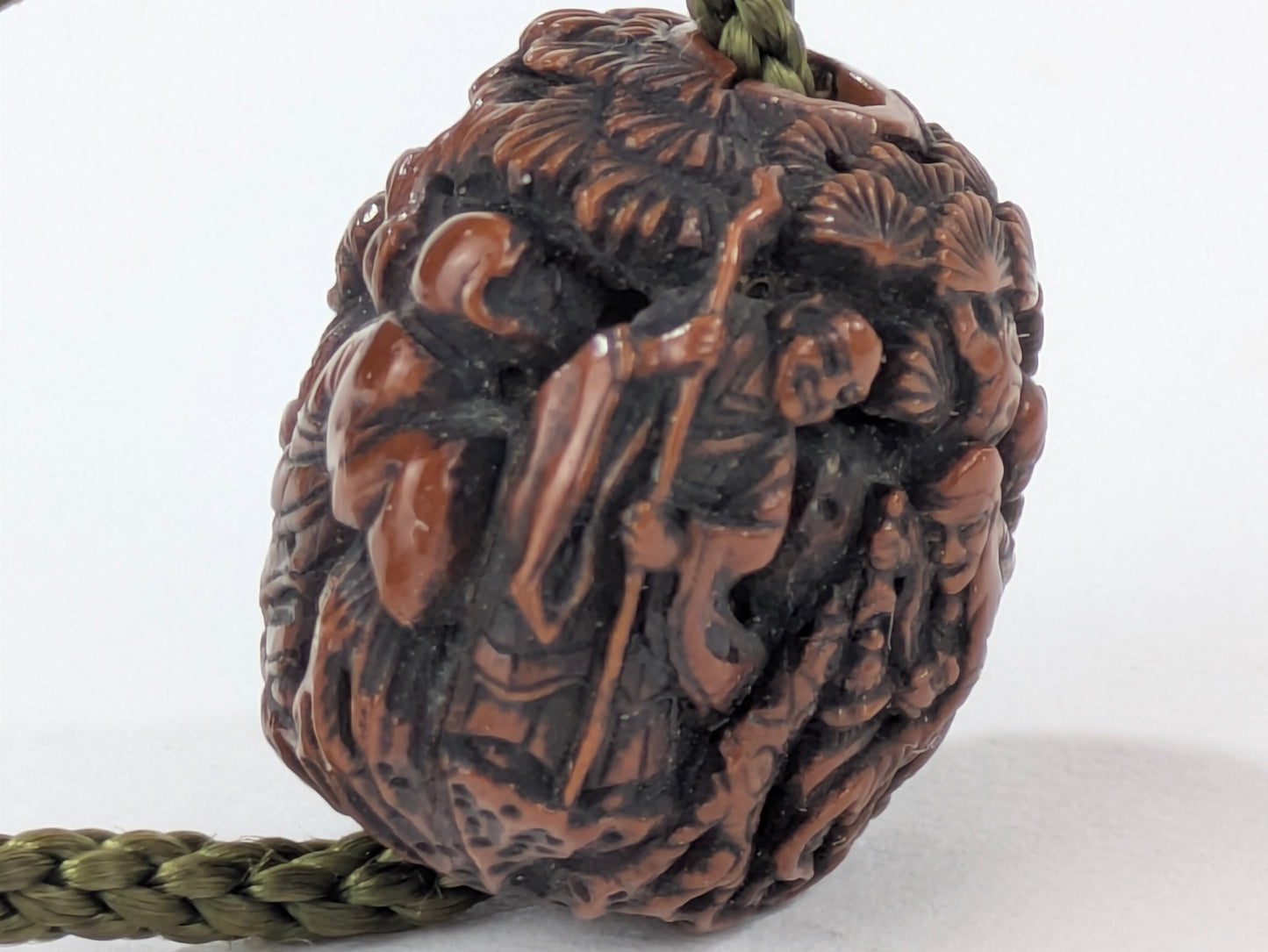 Antique Japanese Hand Carved Wooden Ojime Bead w/ Tiny Mountain Monks Motif .75"