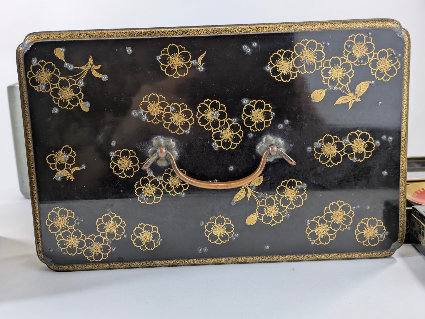 Antique Japanese Very Rare Edo Period 17/18 Century Lacquered Picnic Sake Set (Kazaribako) Hanami (Cherry Blossom Viewing) Caddy w Gold Maki-E & Silver “Dew” Studs LS#140