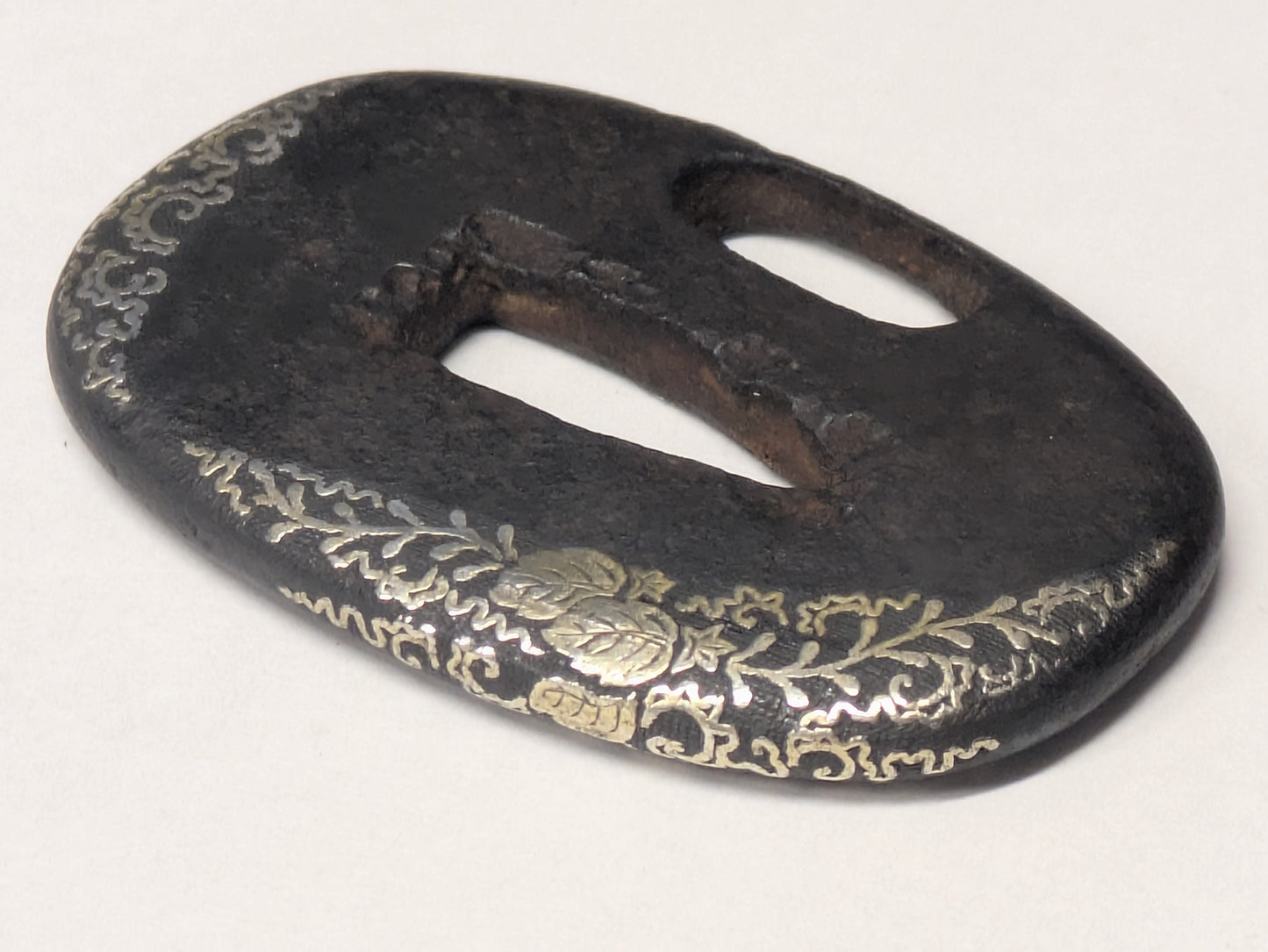 Antique Japanese Pair of Matched Iron Tsuba with Silver Wisteria Inlay, Edo Period, c. 1800–1868