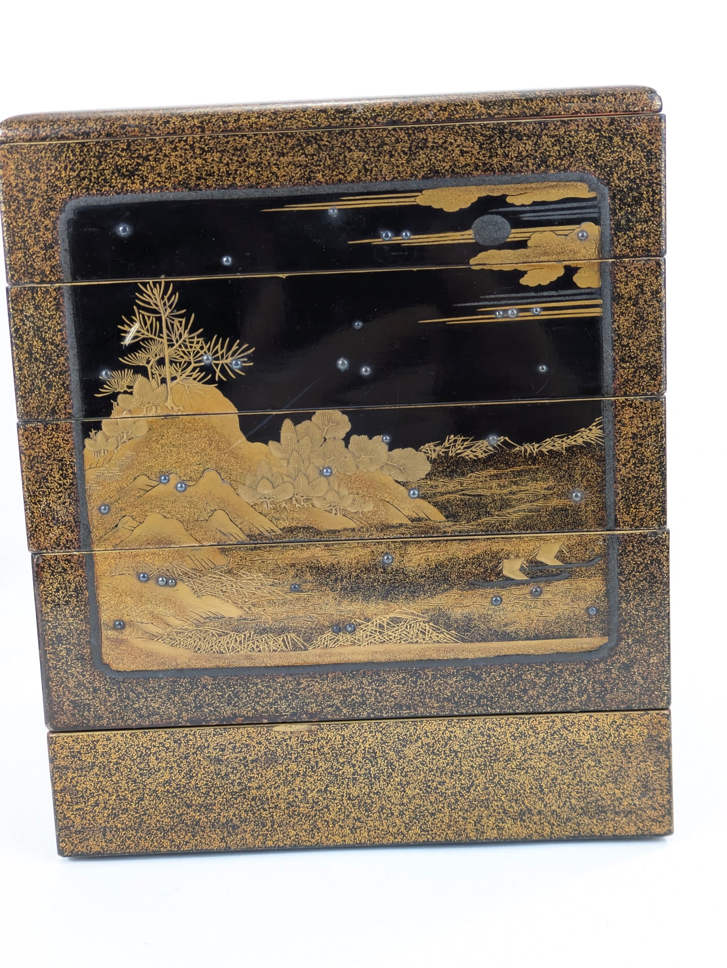 Antique Japanese Very Rare Edo Period 17/18 Century Lacquered Picnic Sake Set (Kazaribako) Hanami (Cherry Blossom Viewing) Caddy w Gold Maki-E & Silver “Dew” Studs LS#140