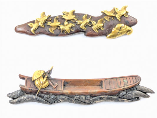 Japanese Menuki Pair Ferry Boat & Plovers Samurai Katana Sword Ornament LS#009