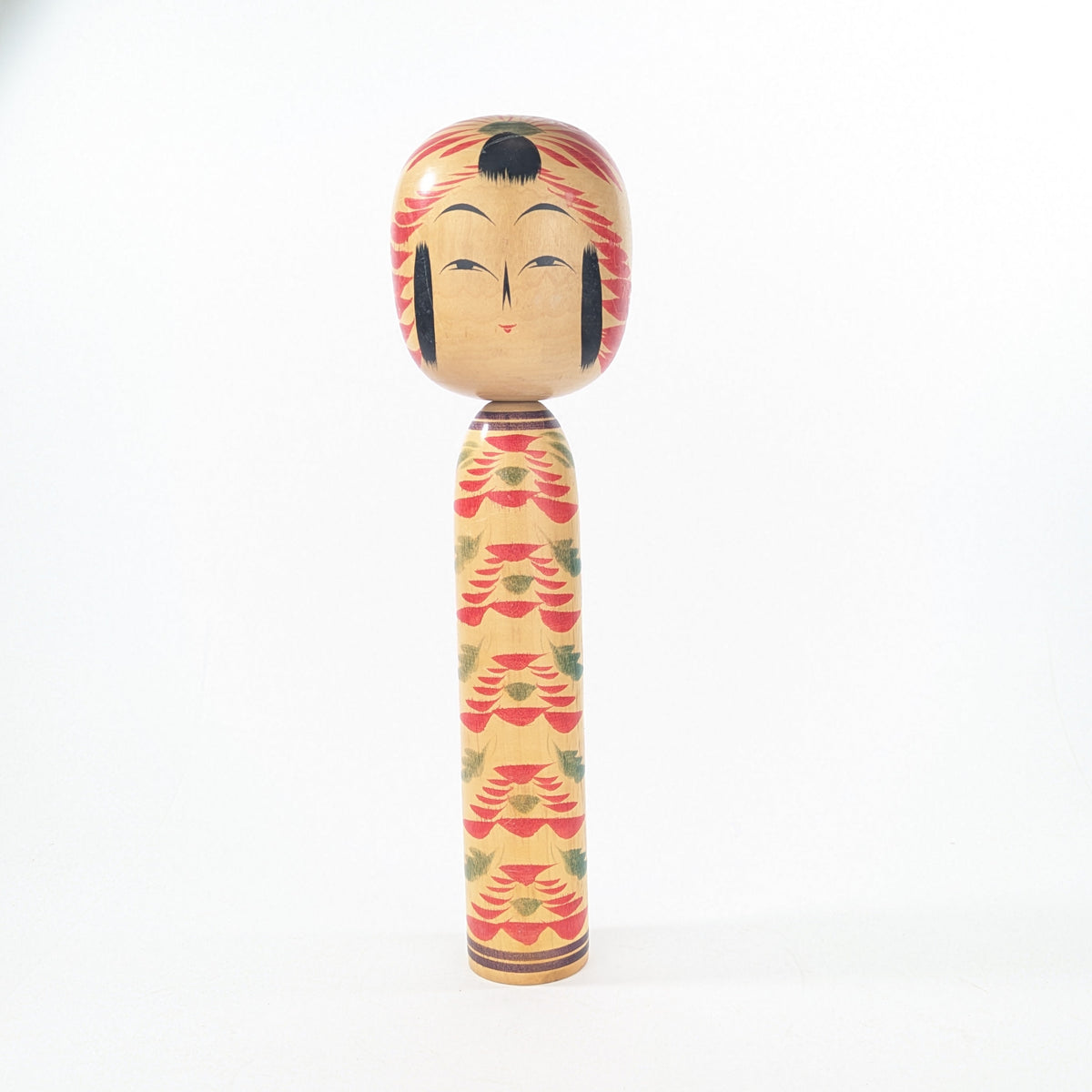 Vintage Japanese Signed Wooden Kokeshi Doll Radiating Floral Design 12.5"H