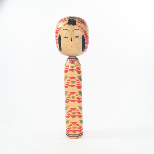 Vintage Japanese Signed Wooden Kokeshi Doll Radiating Floral Design 12.5"H